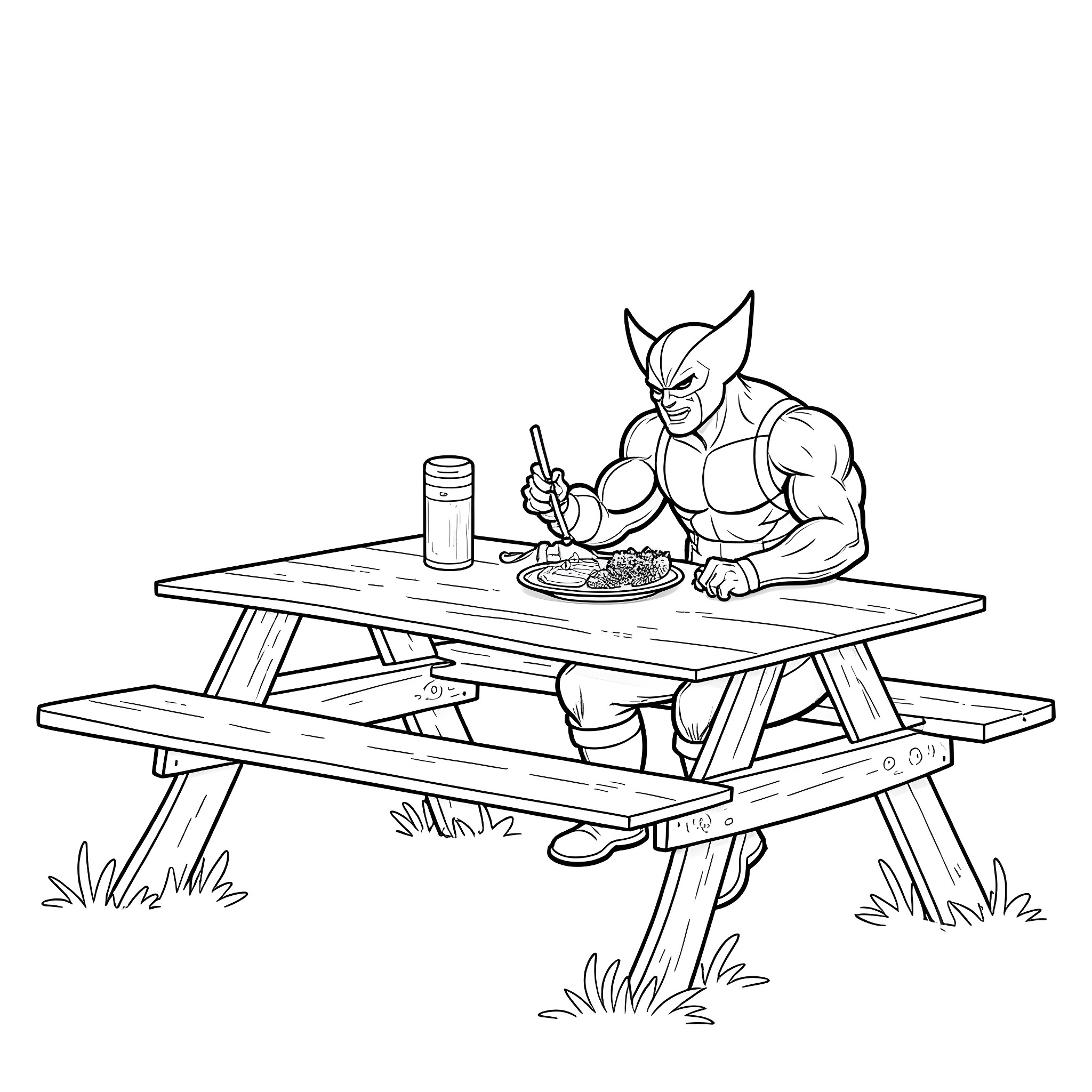 Wolverine enjoying a picnic in the outdoors Coloring Page (free black-and-white line drawing printable PDF for all, from beginners to advanced learners, including children, teens, adults, and seniors)