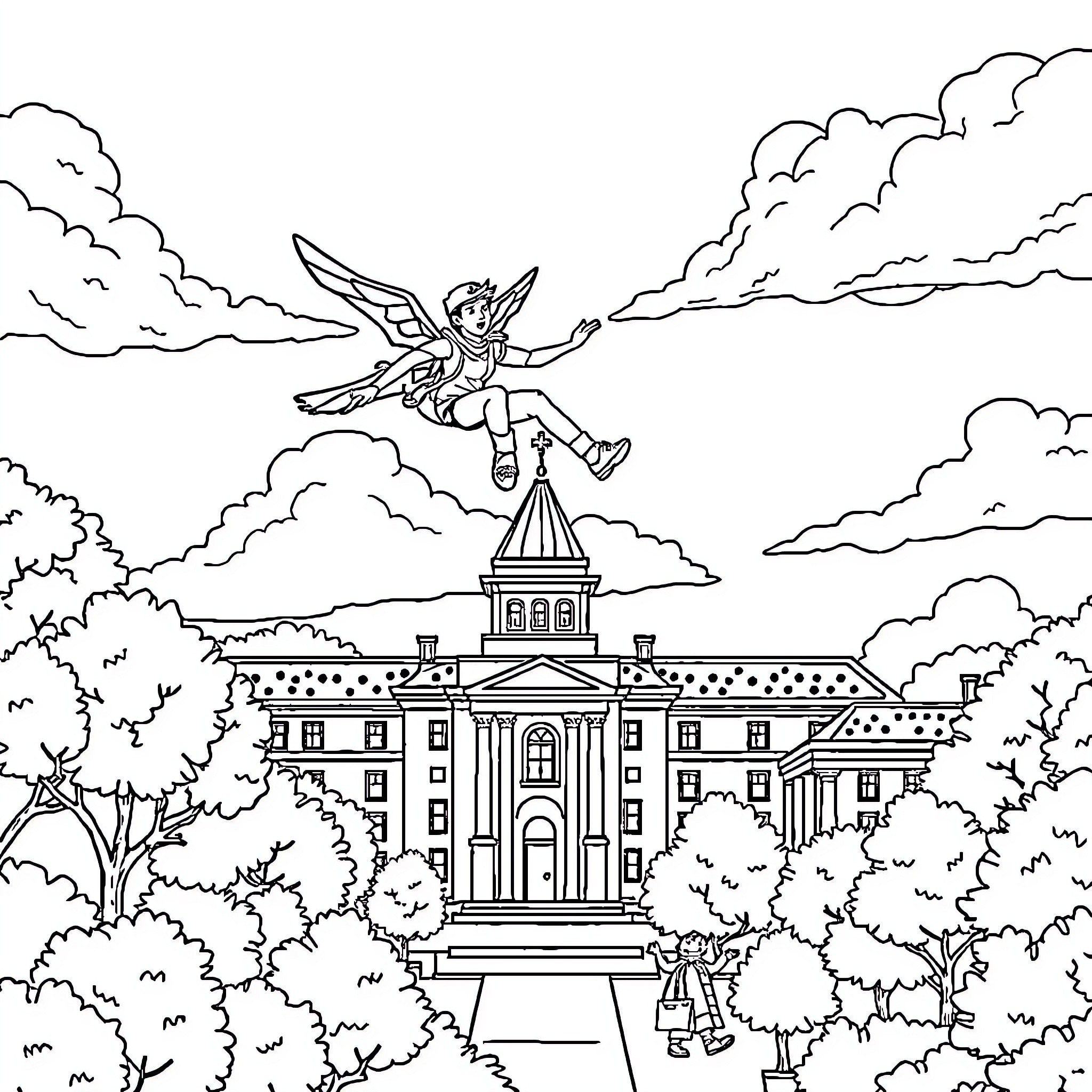 Hawk soaring over a historic building in the clouds Coloring Page (free black-and-white line drawing printable PDF for all, from beginners to advanced learners, including children, teens, adults, and seniors)