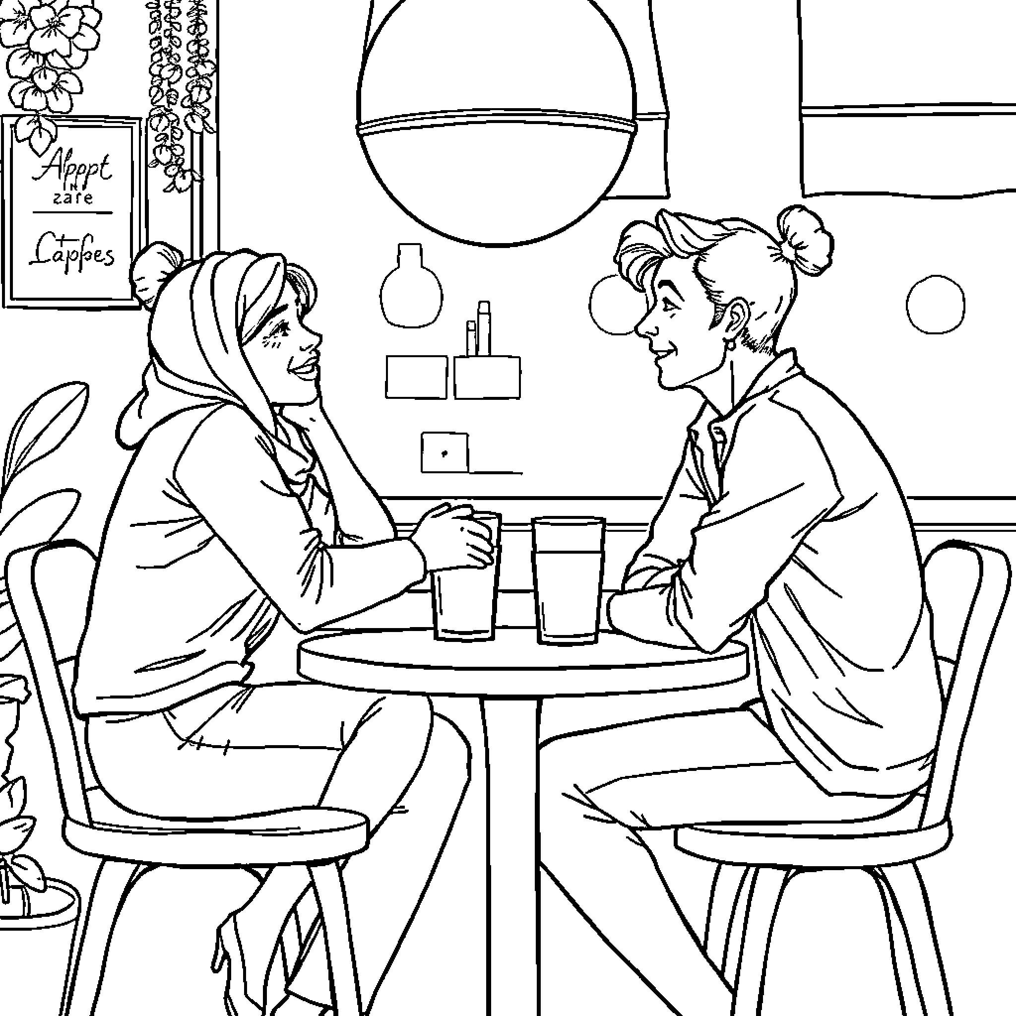 Cat couple enjoying drinks at cafe Coloring Page (free black-and-white line drawing printable PDF for all, from beginners to advanced learners, including children, teens, adults, and seniors)