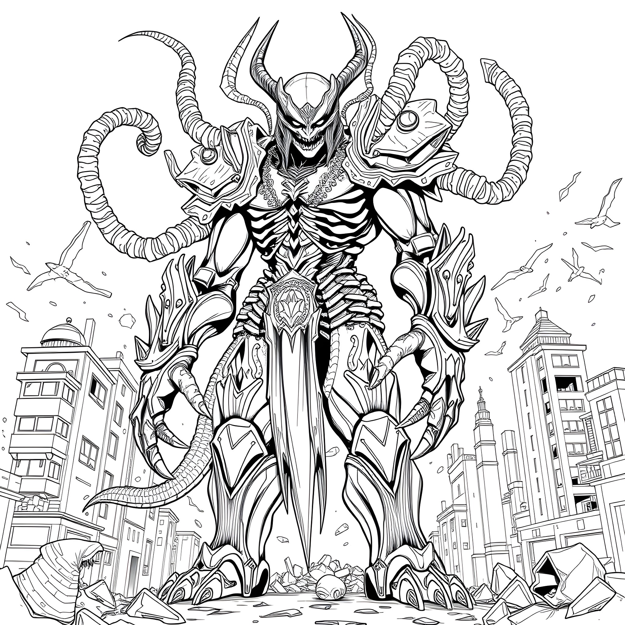 Nemesis: Colossal Monstrous Deity Looming Over Cityscape Coloring Page (free black-and-white line drawing printable PDF for all, from beginners to advanced learners, including children, teens, adults, and seniors)