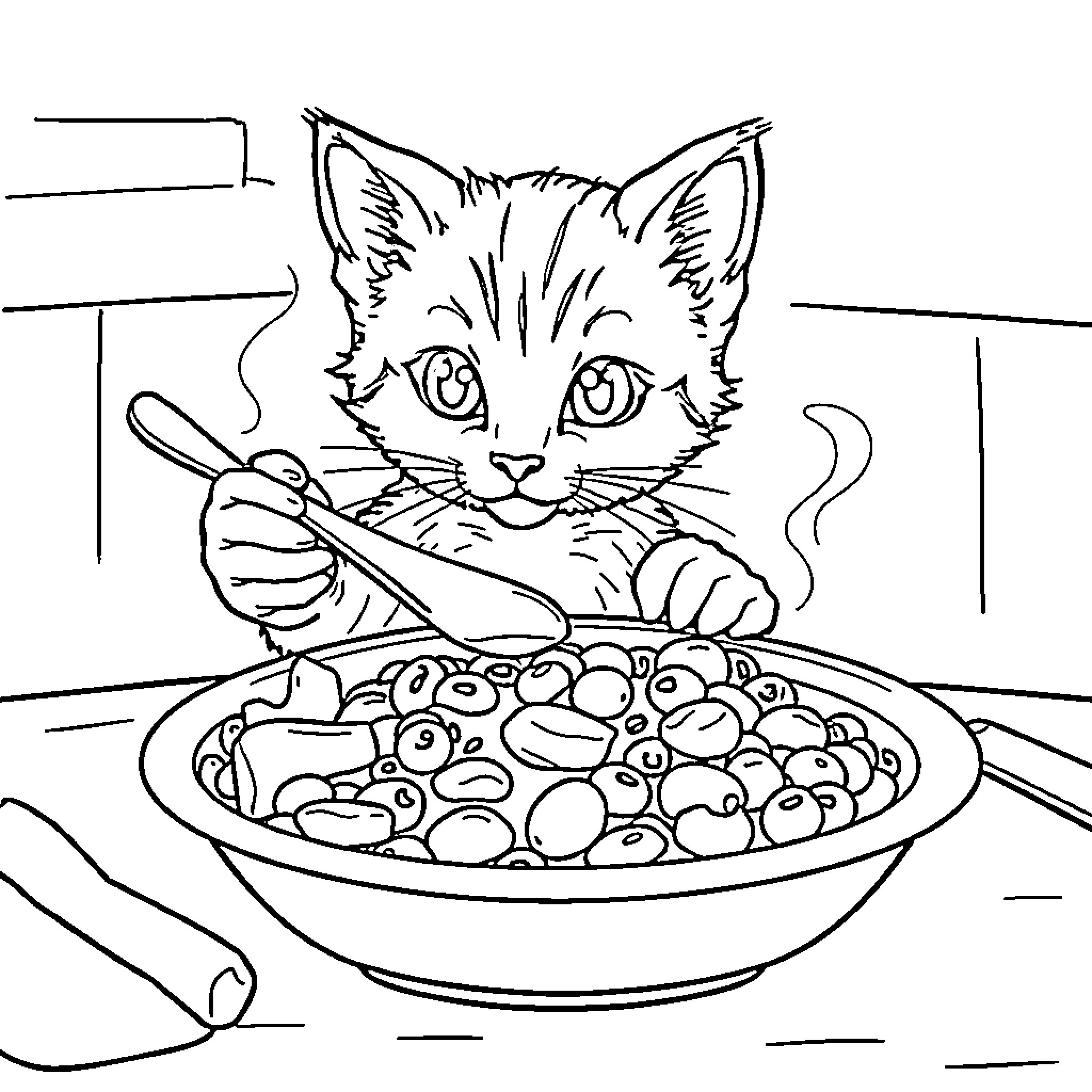 Cat enjoying a tasty meal Coloring Page (free black-and-white line drawing printable PDF for all, from beginners to advanced learners, including children, teens, adults, and seniors)