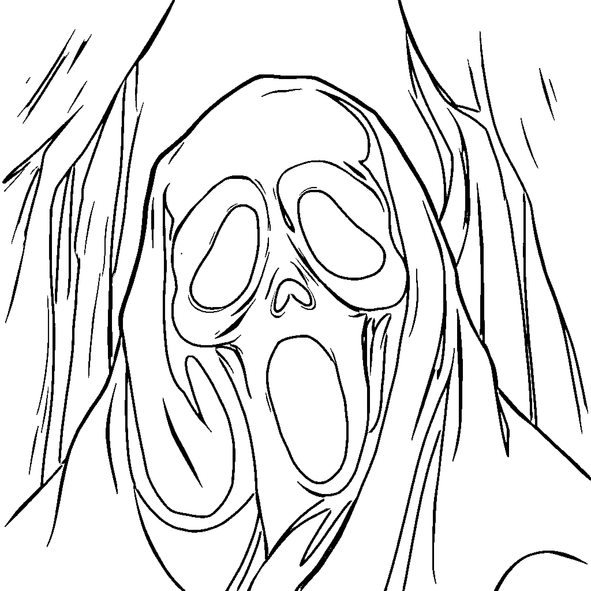 Ghost Face Screaming in the Shadows Coloring Page (free black-and-white line drawing printable PDF for all, from beginners to advanced learners, including children, teens, adults, and seniors)