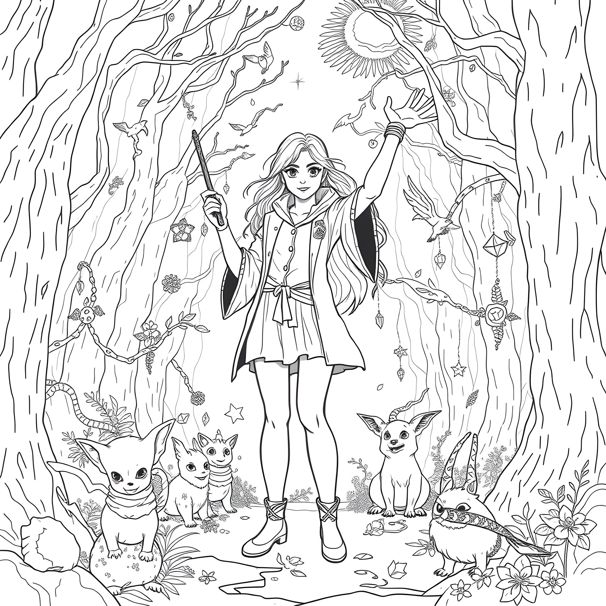 Hermione's Enchanted Forest Adventure Coloring Page (free black-and-white line drawing printable PDF for all, from beginners to advanced learners, including children, teens, adults, and seniors)
