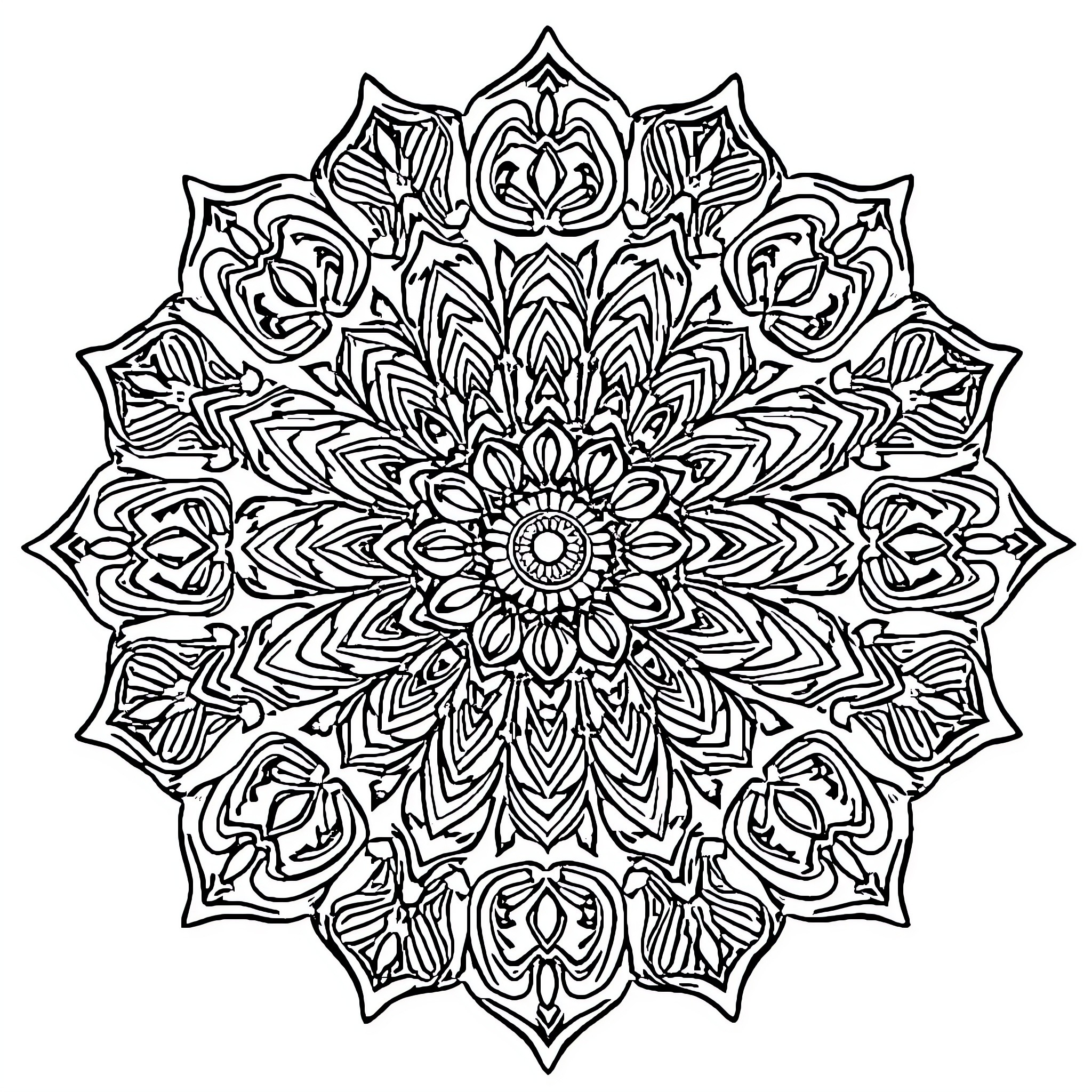 Mandalas with intricate floral patterns Coloring Page (free black-and-white line drawing printable PDF for all, from beginners to advanced learners, including children, teens, adults, and seniors)