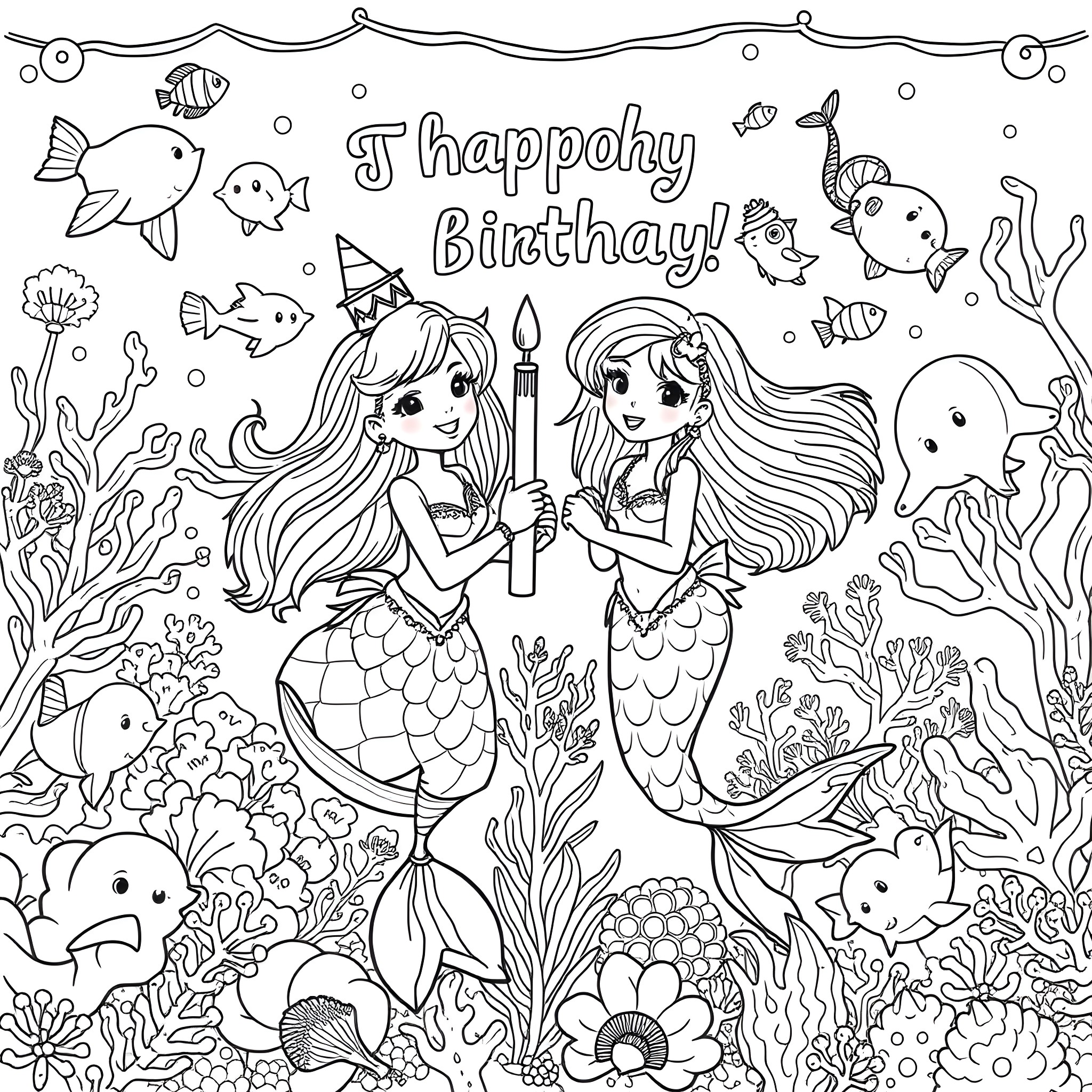 Mermaid Friends Celebrate a Happy Birthday Coloring Page (free black-and-white line drawing printable PDF for all, from beginners to advanced learners, including children, teens, adults, and seniors)