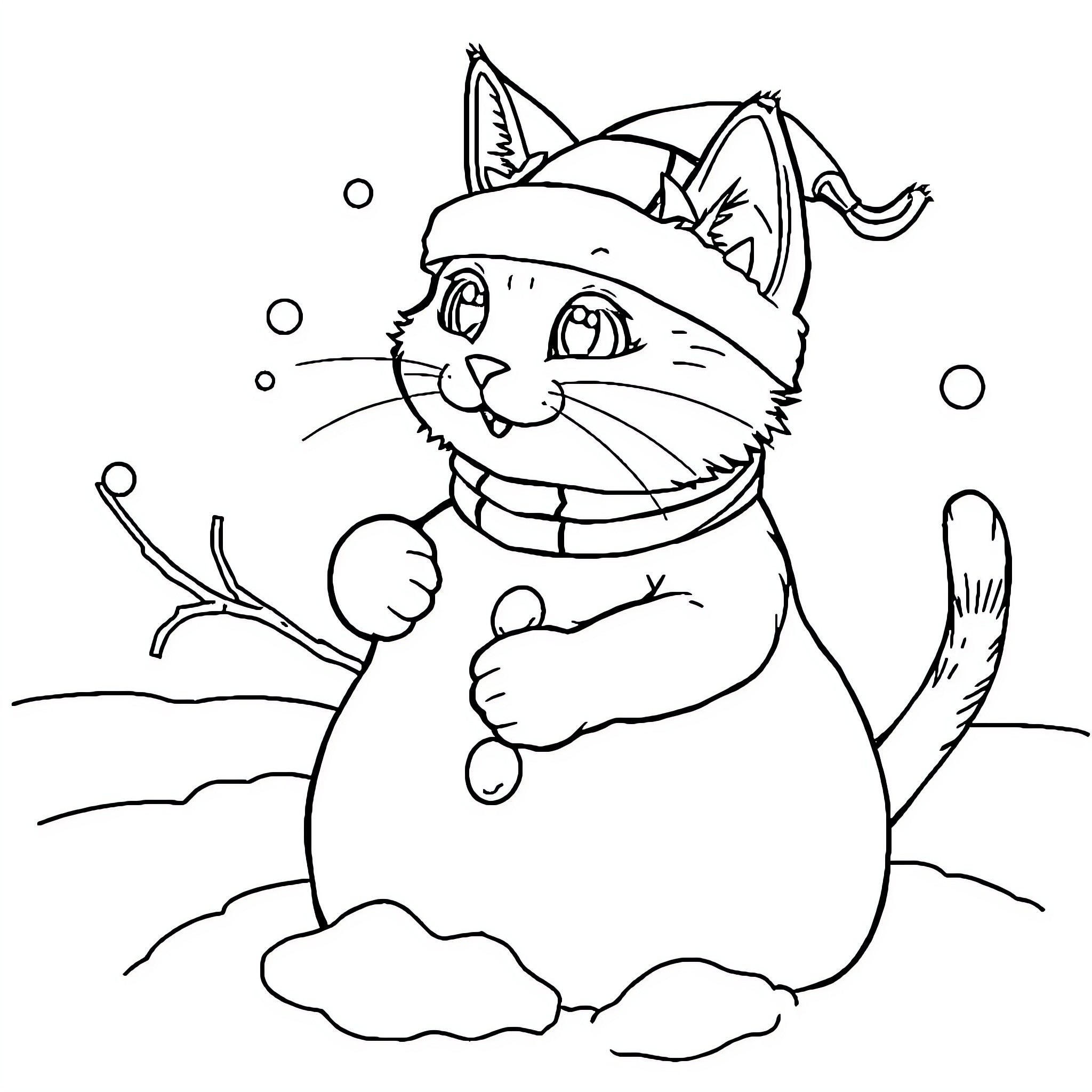 Cat dressed in winter outfit playing in the snow Coloring Page (free black-and-white line drawing printable PDF for all, from beginners to advanced learners, including children, teens, adults, and seniors)
