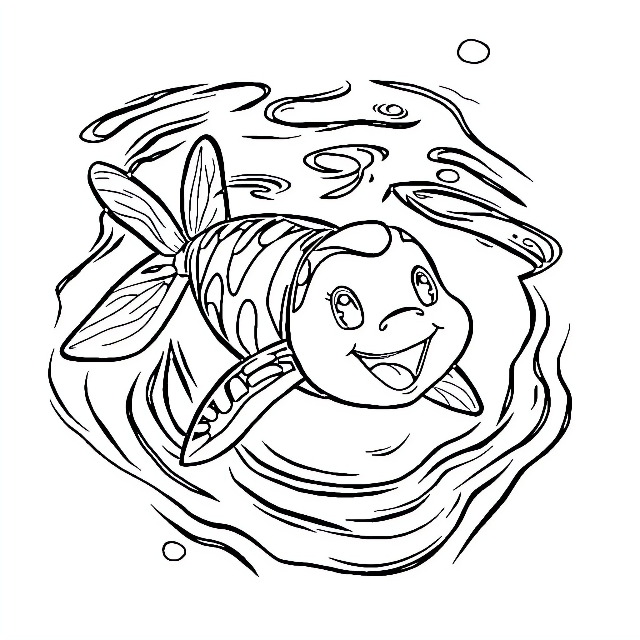 Tchoupi the Friendly Fish Swims Joyfully Coloring Page (free black-and-white line drawing printable PDF for all, from beginners to advanced learners, including children, teens, adults, and seniors)
