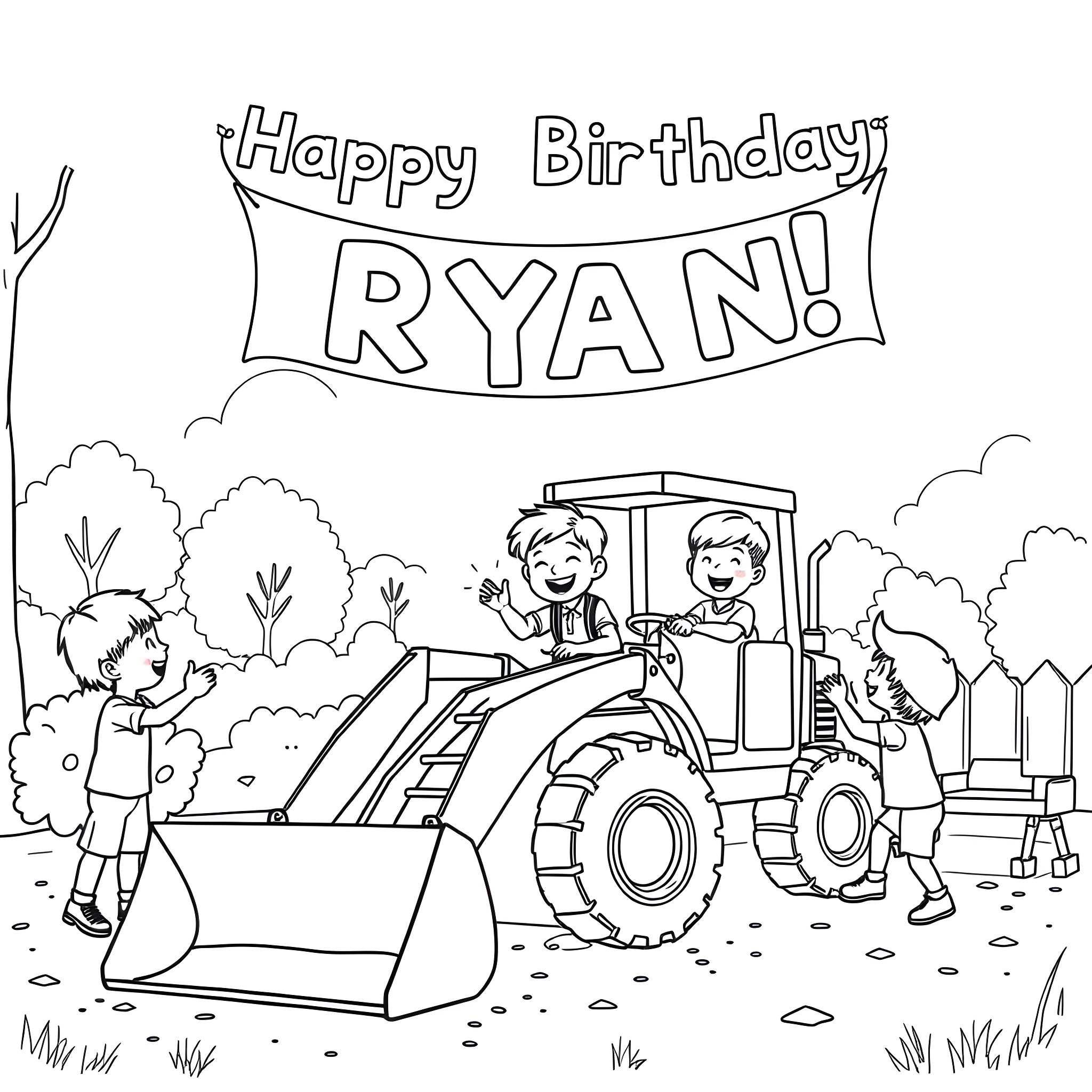 Kids playing with tractor on a birthday Coloring Page (free black-and-white line drawing printable PDF for all, from beginners to advanced learners, including children, teens, adults, and seniors)