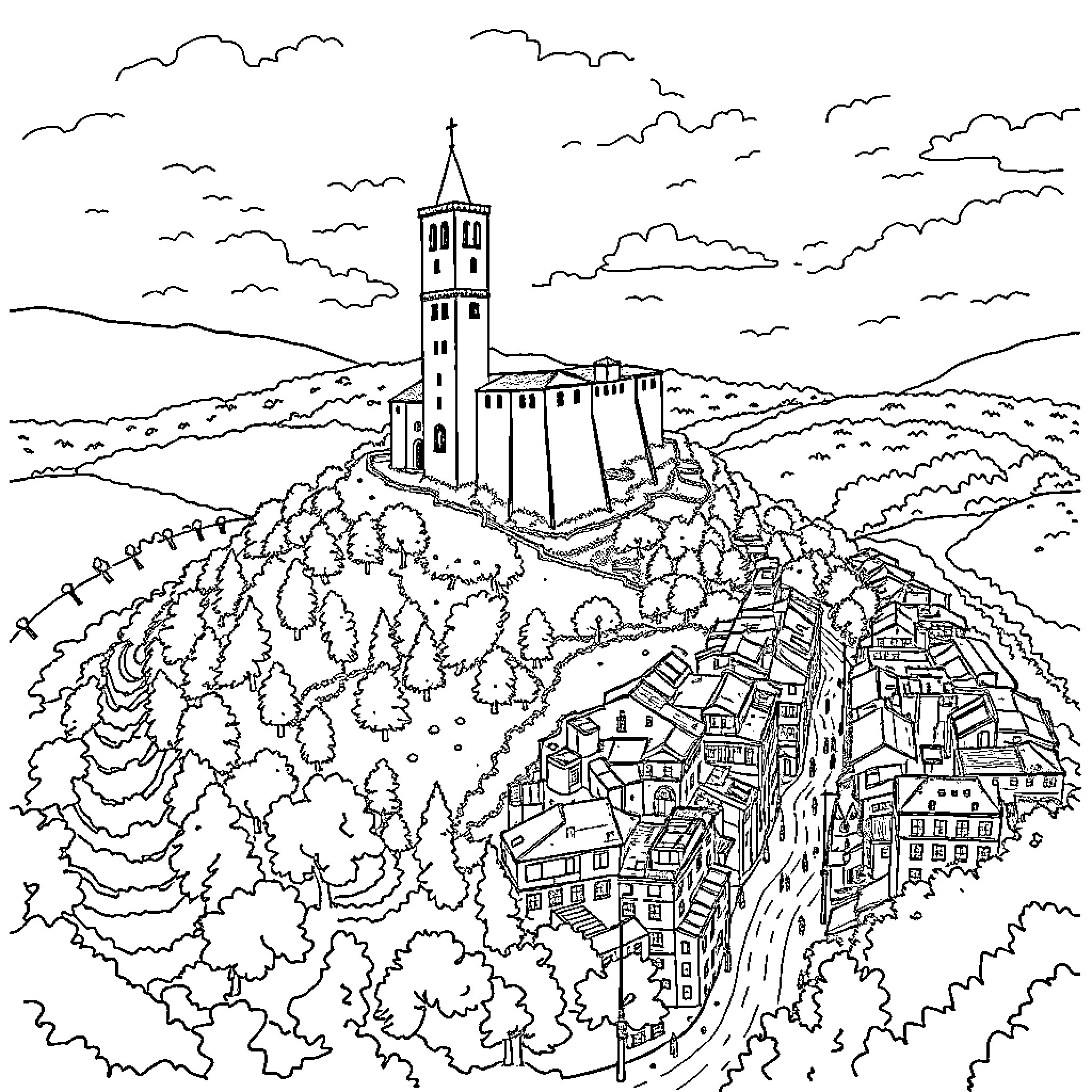 Castle on a hilltop overlooking a town Coloring Page (free black-and-white line drawing printable PDF for all, from beginners to advanced learners, including children, teens, adults, and seniors)