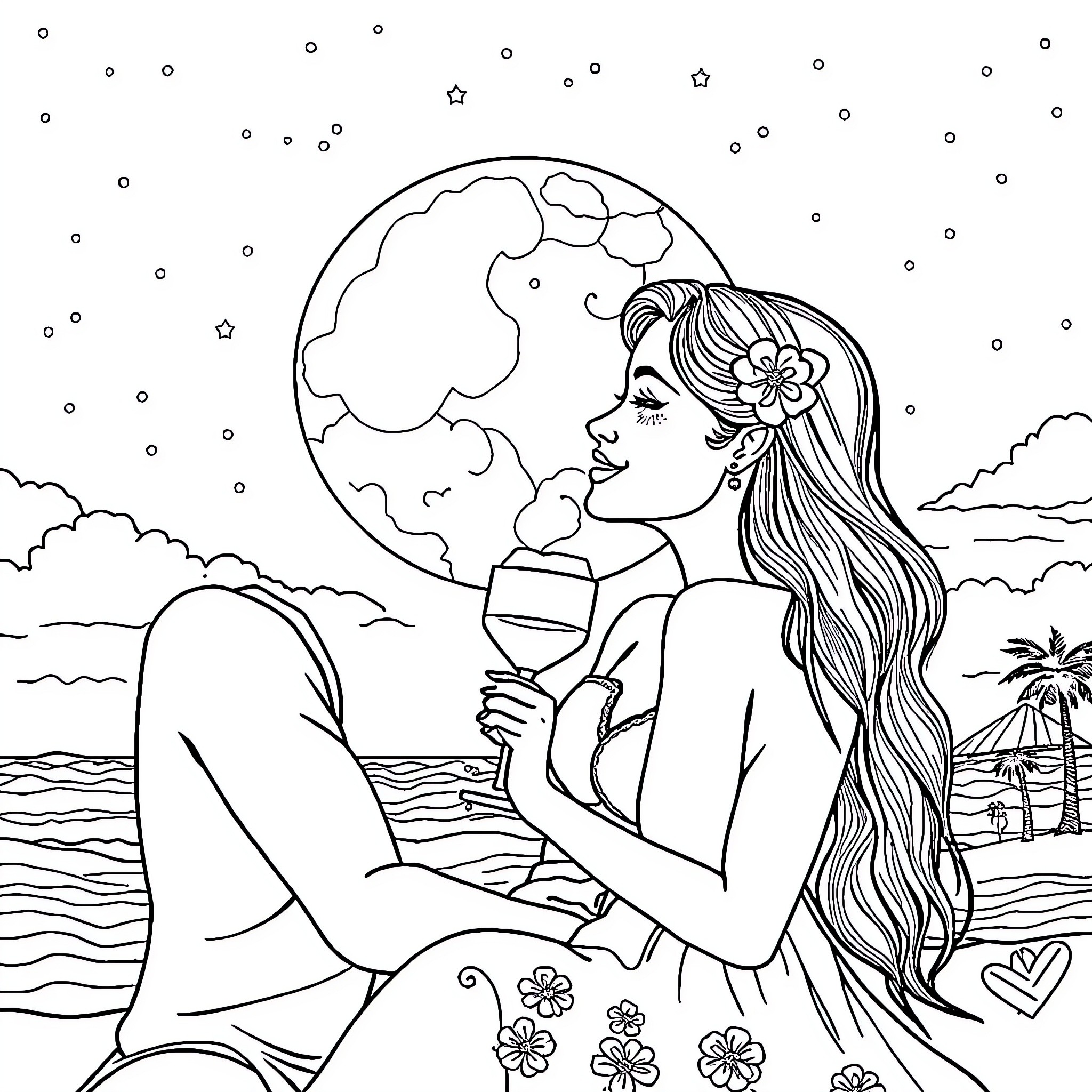 Couple embracing under the moonlight on the beach Coloring Page (free black-and-white line drawing printable PDF for all, from beginners to advanced learners, including children, teens, adults, and seniors)