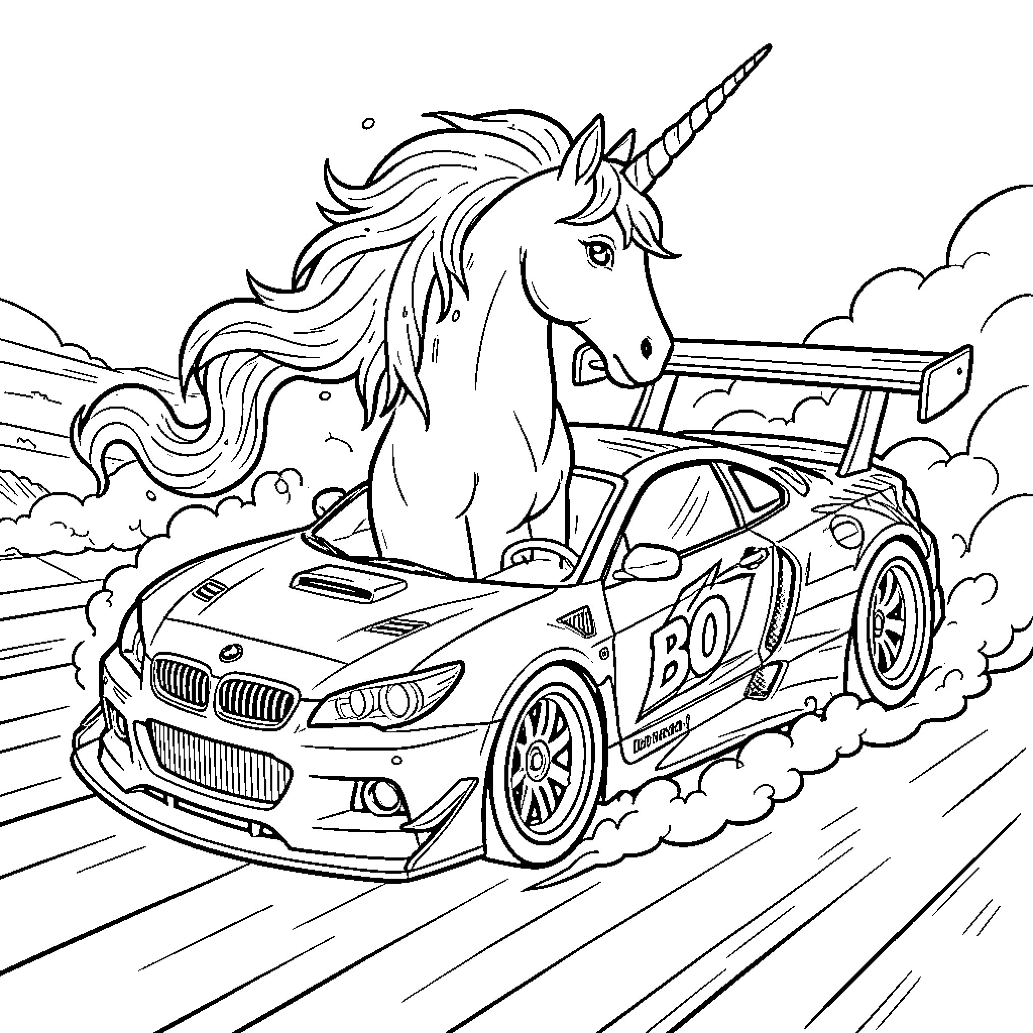 Hoonicorn unicorn riding a fast sports car Coloring Page (free black-and-white line drawing printable PDF for all, from beginners to advanced learners, including children, teens, adults, and seniors)