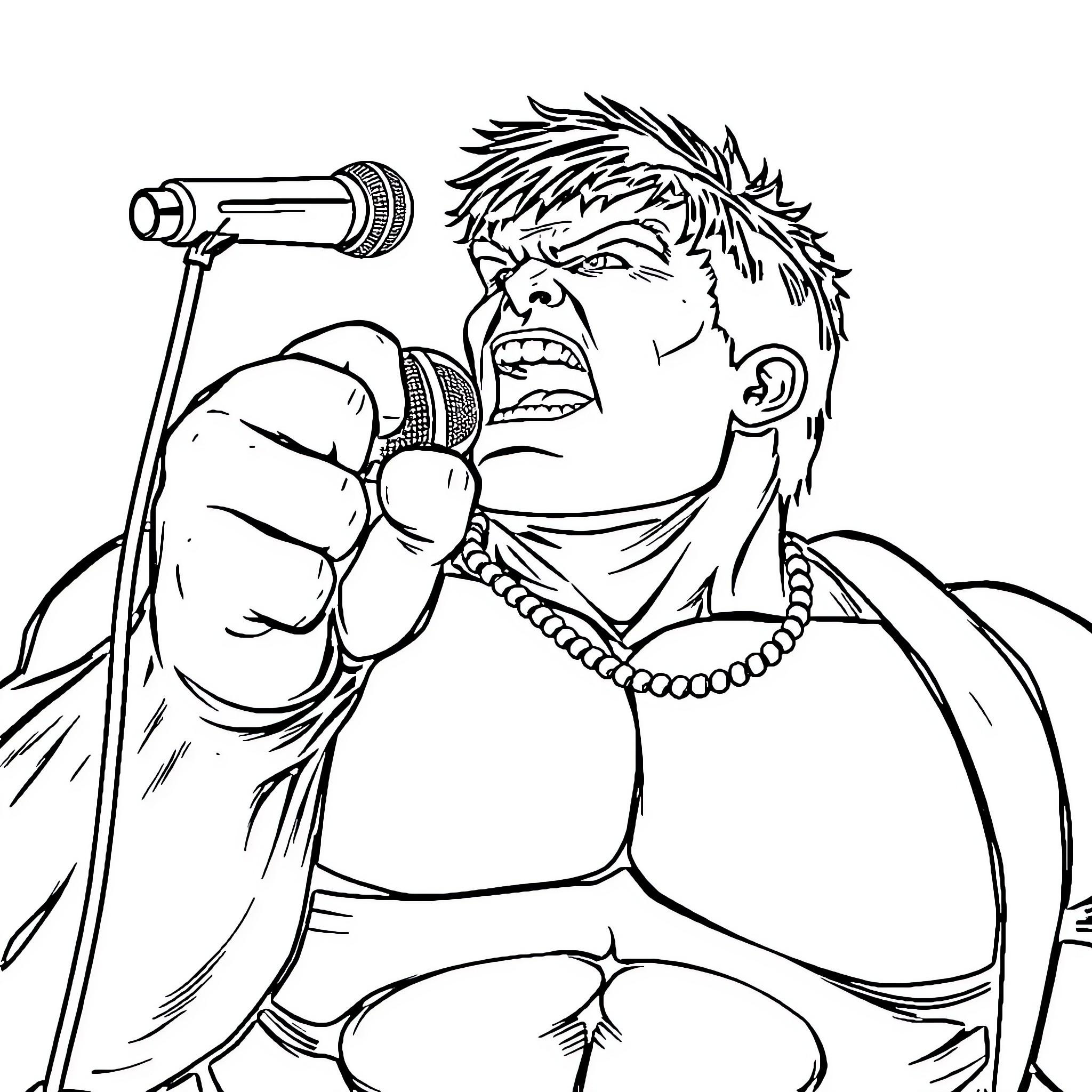 Hulk Singing Passionately on Stage Coloring Page (free black-and-white line drawing printable PDF for all, from beginners to advanced learners, including children, teens, adults, and seniors)