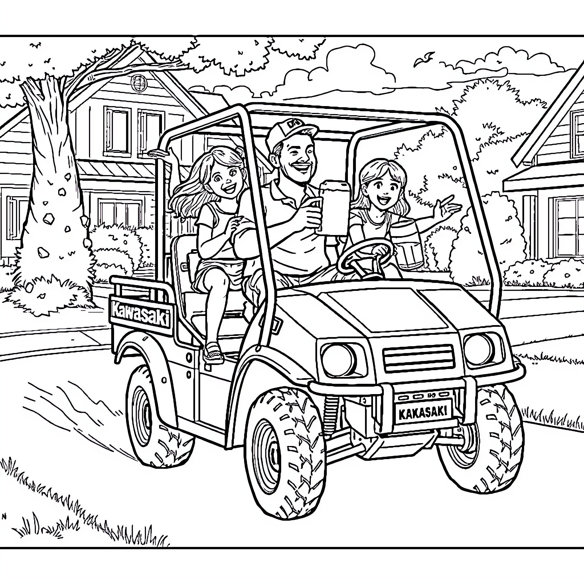 Dad and family enjoy a ride in the utility vehicle Coloring Page (free black-and-white line drawing printable PDF for all, from beginners to advanced learners, including children, teens, adults, and seniors)