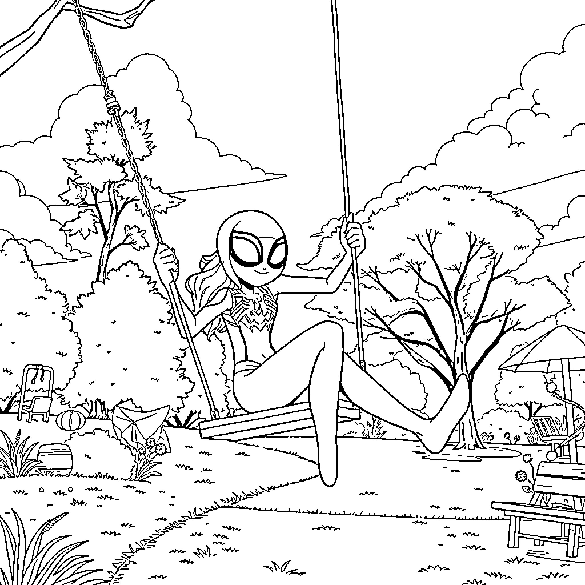 Spider Gwen swinging through the peaceful outdoors Coloring Page (free black-and-white line drawing printable PDF for all, from beginners to advanced learners, including children, teens, adults, and seniors)