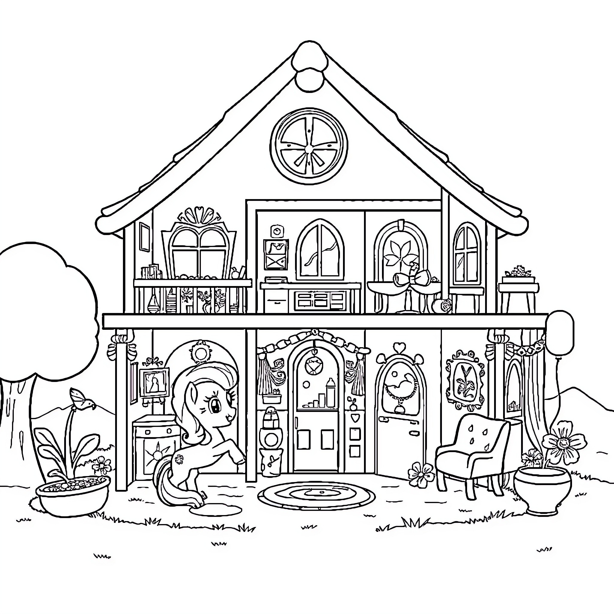 Pony's Playful Cottage Coloring Page (free black-and-white line drawing printable PDF for all, from beginners to advanced learners, including children, teens, adults, and seniors)
