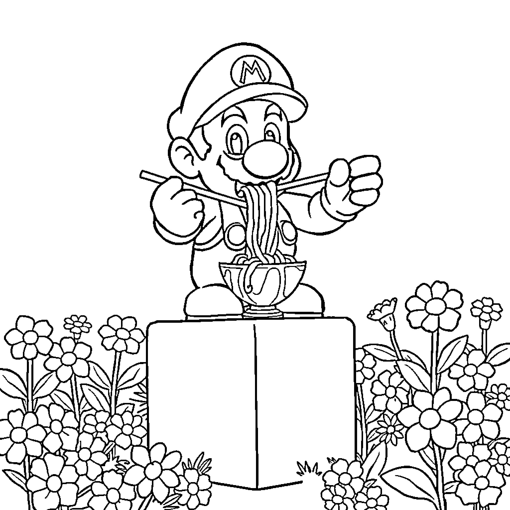 Mario eating pasta in a floral garden Coloring Page (free black-and-white line drawing printable PDF for all, from beginners to advanced learners, including children, teens, adults, and seniors)