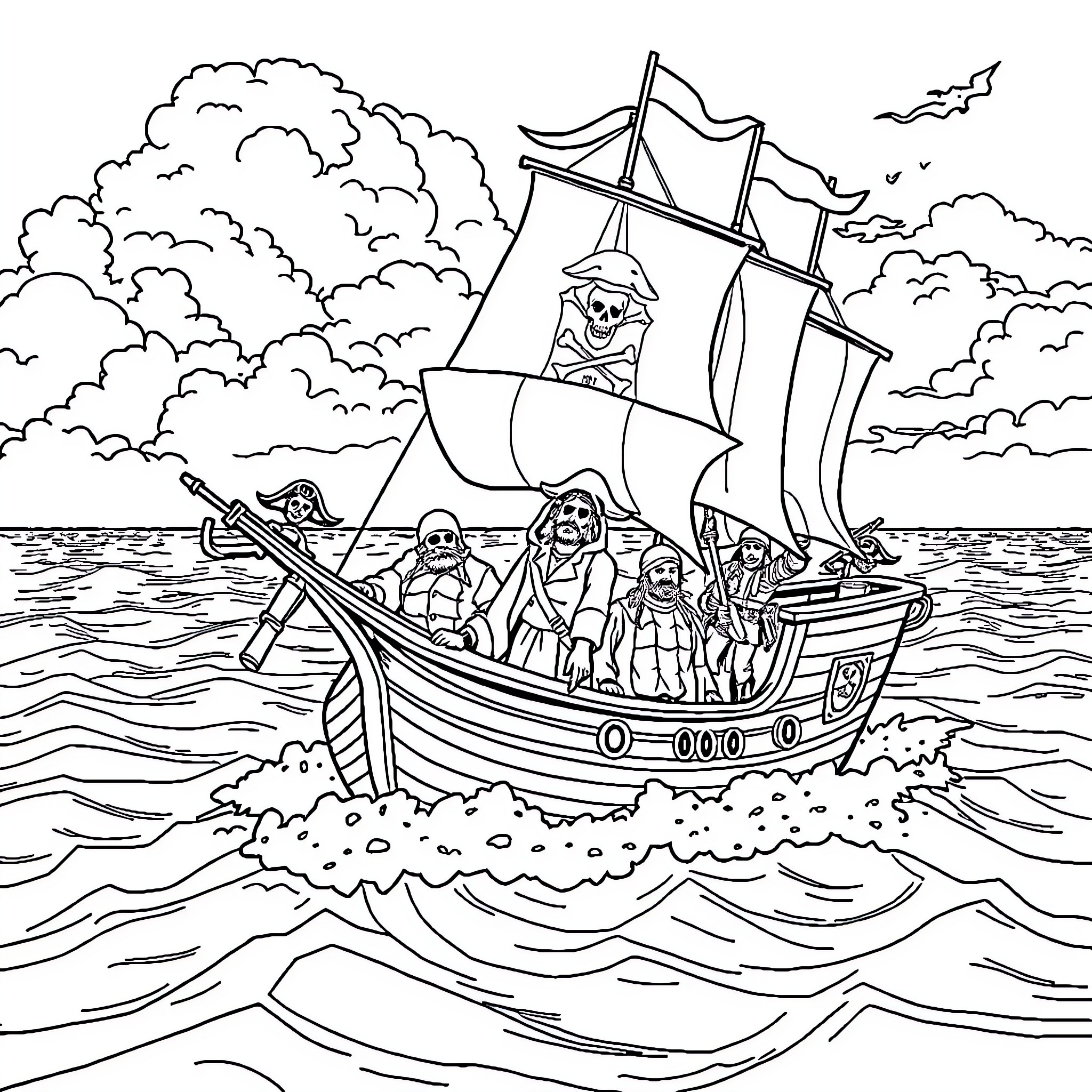 Pirate Ship Sailing on Stormy Seas with Crew Coloring Page (free black-and-white line drawing printable PDF for all, from beginners to advanced learners, including children, teens, adults, and seniors)