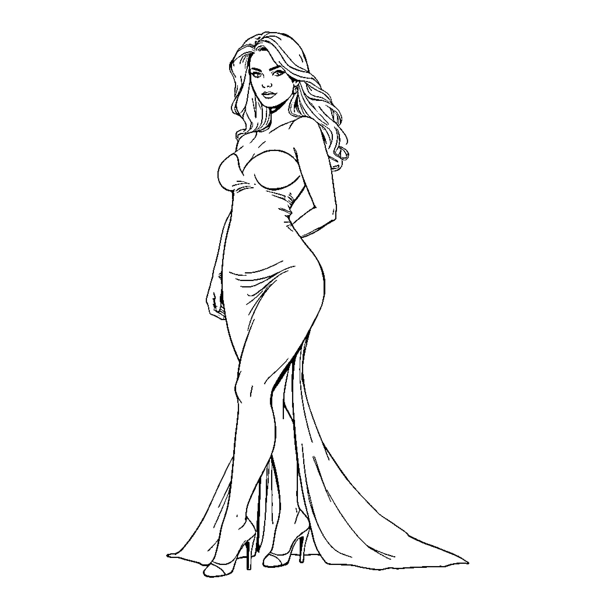 Skyler White posing in a glamorous evening gown Coloring Page (free black-and-white line drawing printable PDF for all, from beginners to advanced learners, including children, teens, adults, and seniors)
