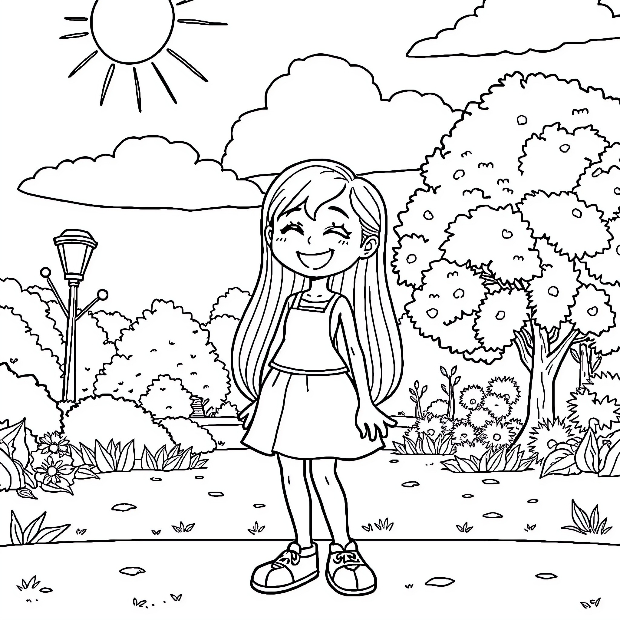 Dishika exploring the vibrant outdoors Coloring Page (free black-and-white line drawing printable PDF for all, from beginners to advanced learners, including children, teens, adults, and seniors)