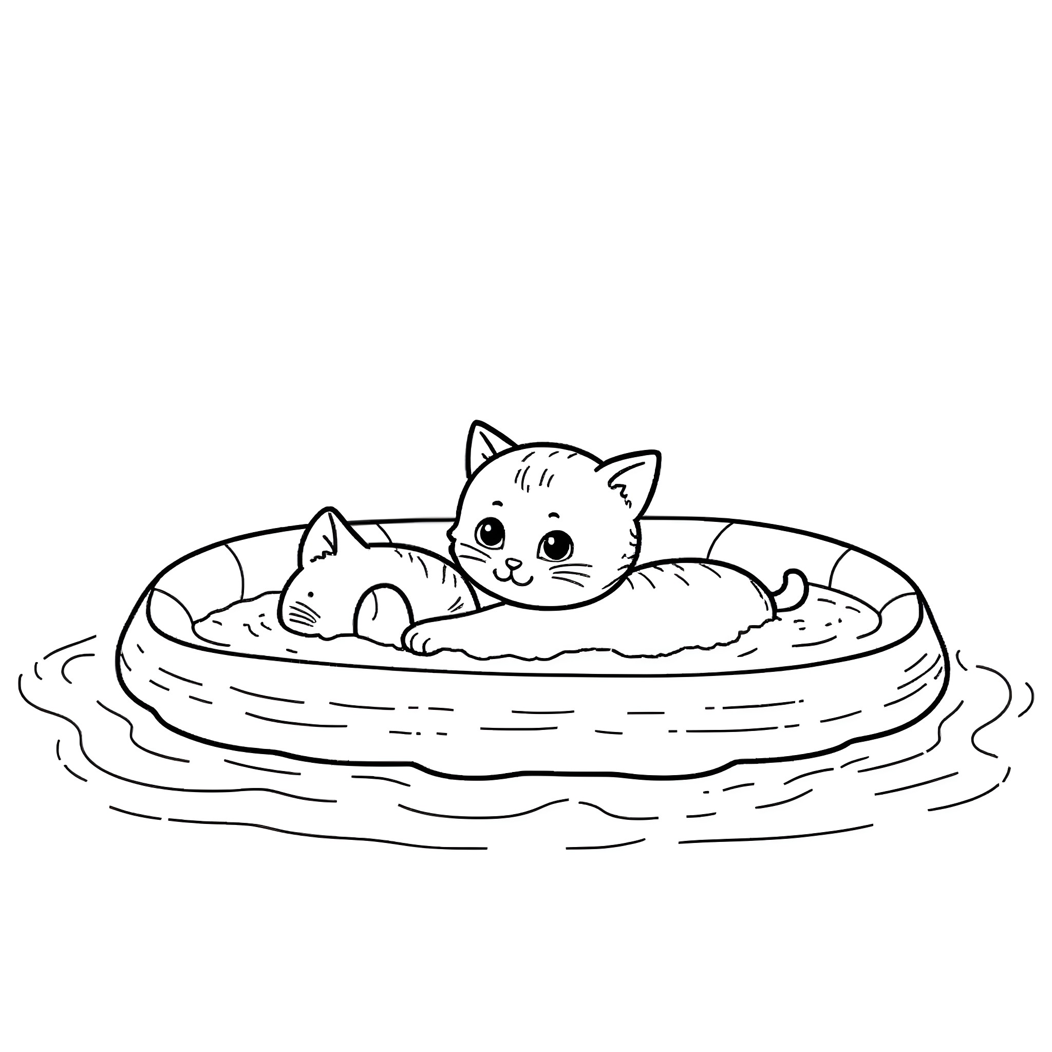 Cats resting comfortably in a cozy pet bed Coloring Page (free black-and-white line drawing printable PDF for all, from beginners to advanced learners, including children, teens, adults, and seniors)