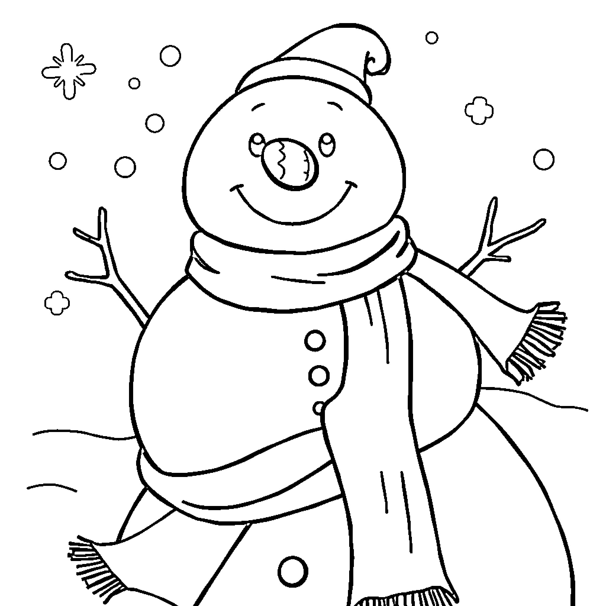 Snowman enjoying the snowy scene Coloring Page (free black-and-white line drawing printable PDF for all, from beginners to advanced learners, including children, teens, adults, and seniors)