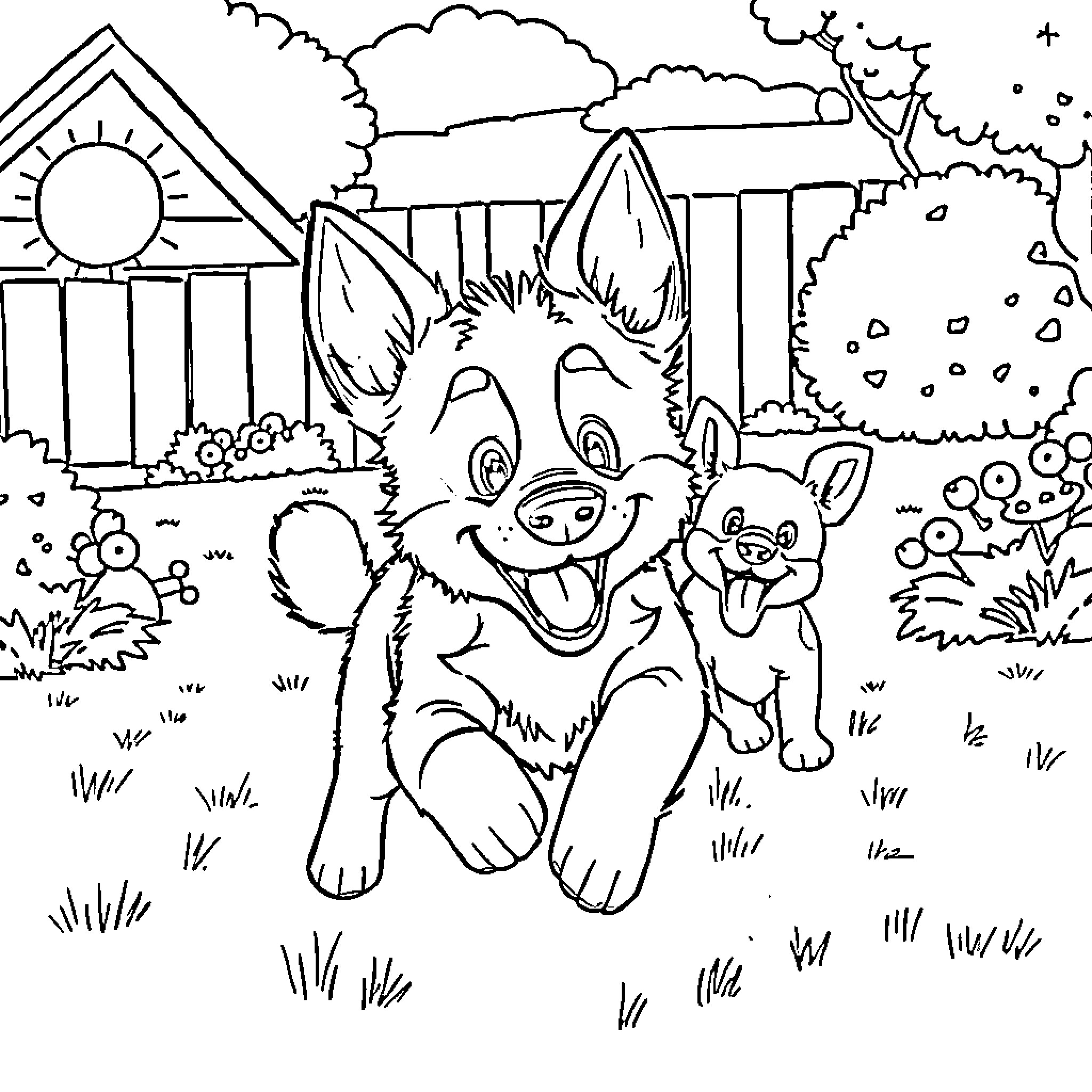 Bluey and friends explore the outdoor scene Coloring Page (free black-and-white line drawing printable PDF for all, from beginners to advanced learners, including children, teens, adults, and seniors)
