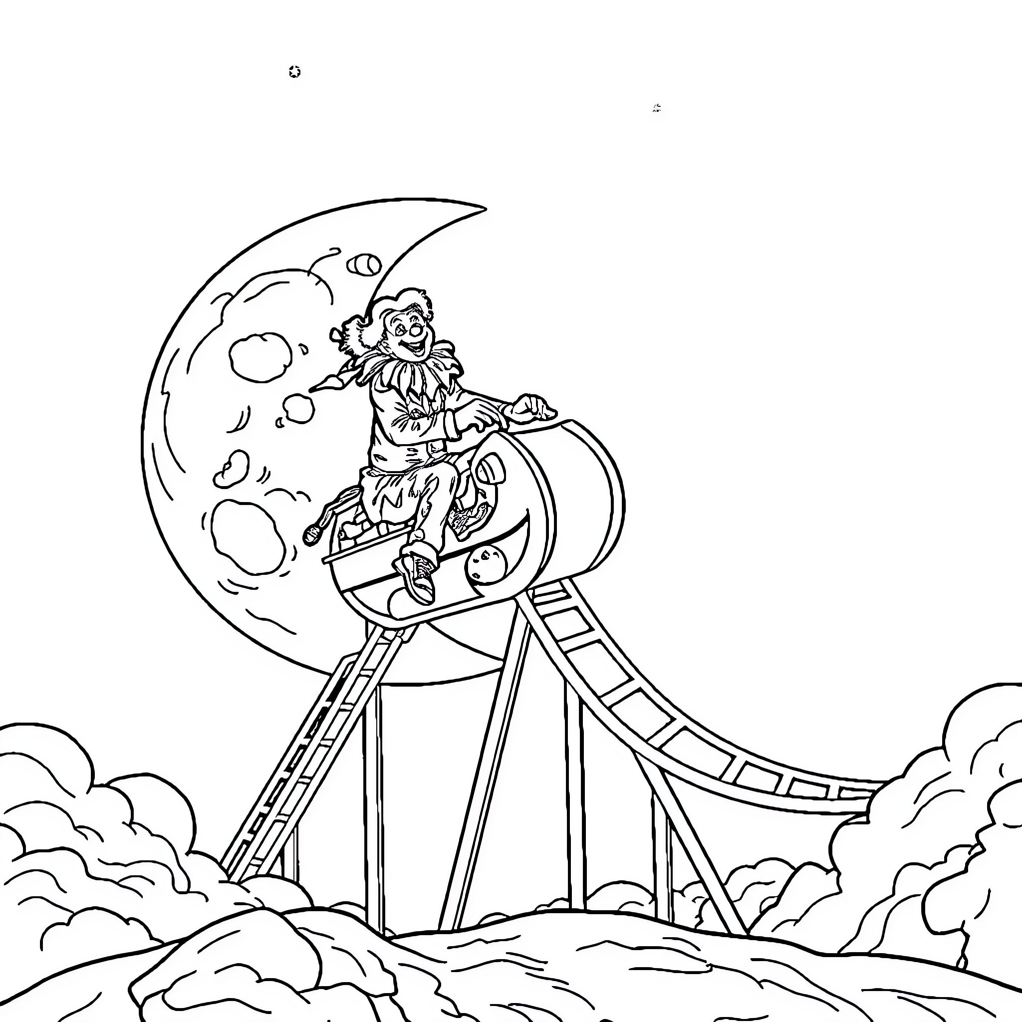 Clown riding a rollercoaster under the crescent moon Coloring Page (free black-and-white line drawing printable PDF for all, from beginners to advanced learners, including children, teens, adults, and seniors)