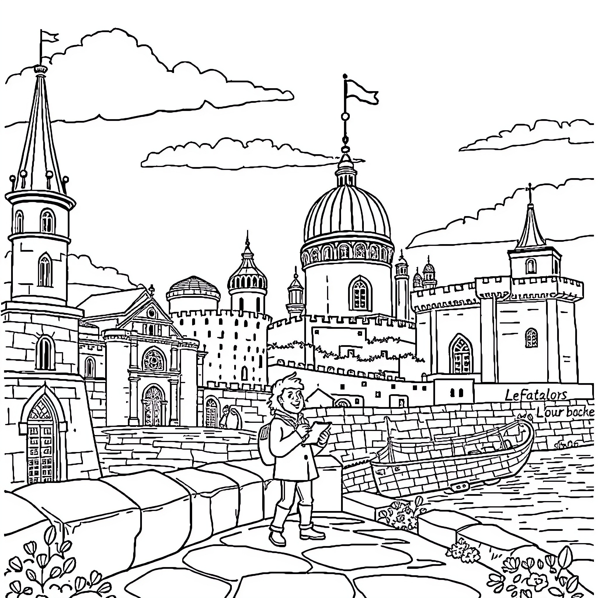 Character exploring the architectural wonders of a historic city Coloring Page (free black-and-white line drawing printable PDF for all, from beginners to advanced learners, including children, teens, adults, and seniors)