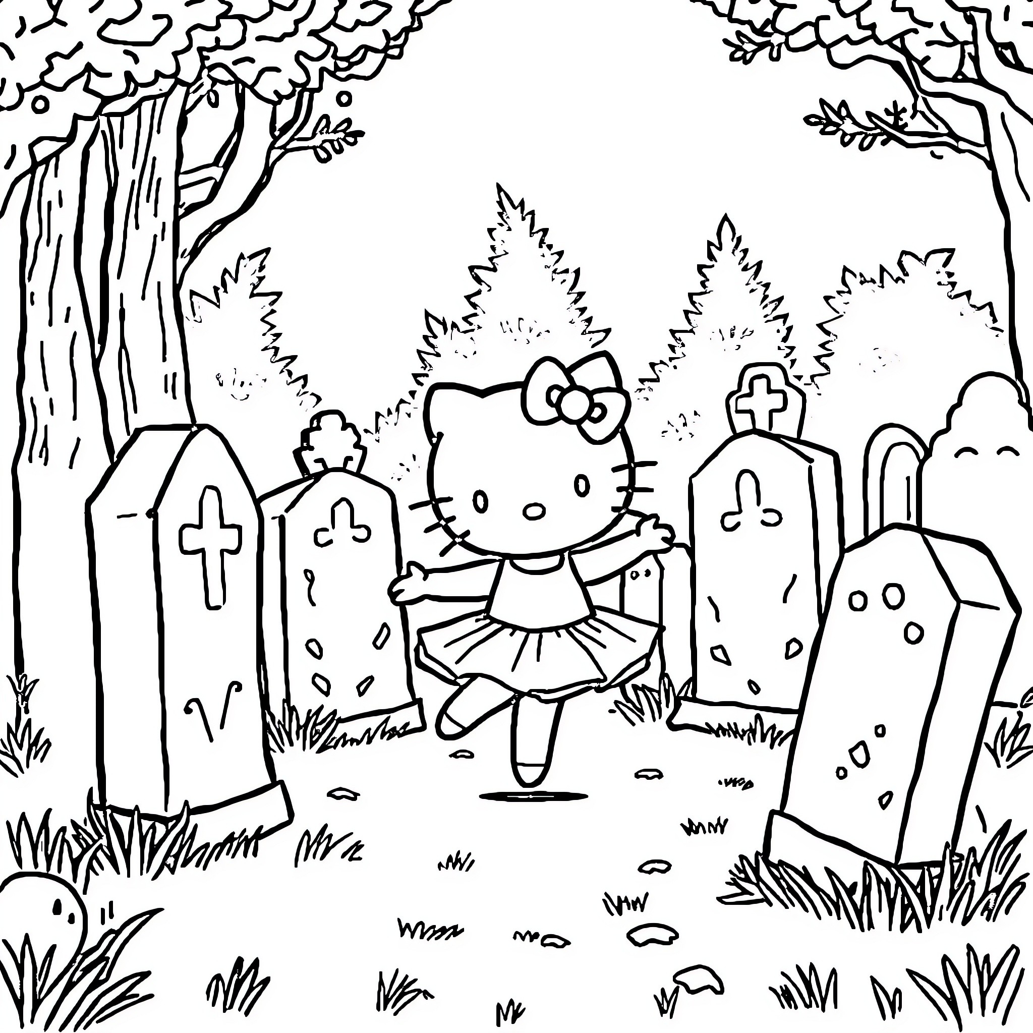 Hello Kitty dancing in the graveyard Coloring Page (free black-and-white line drawing printable PDF for all, from beginners to advanced learners, including children, teens, adults, and seniors)