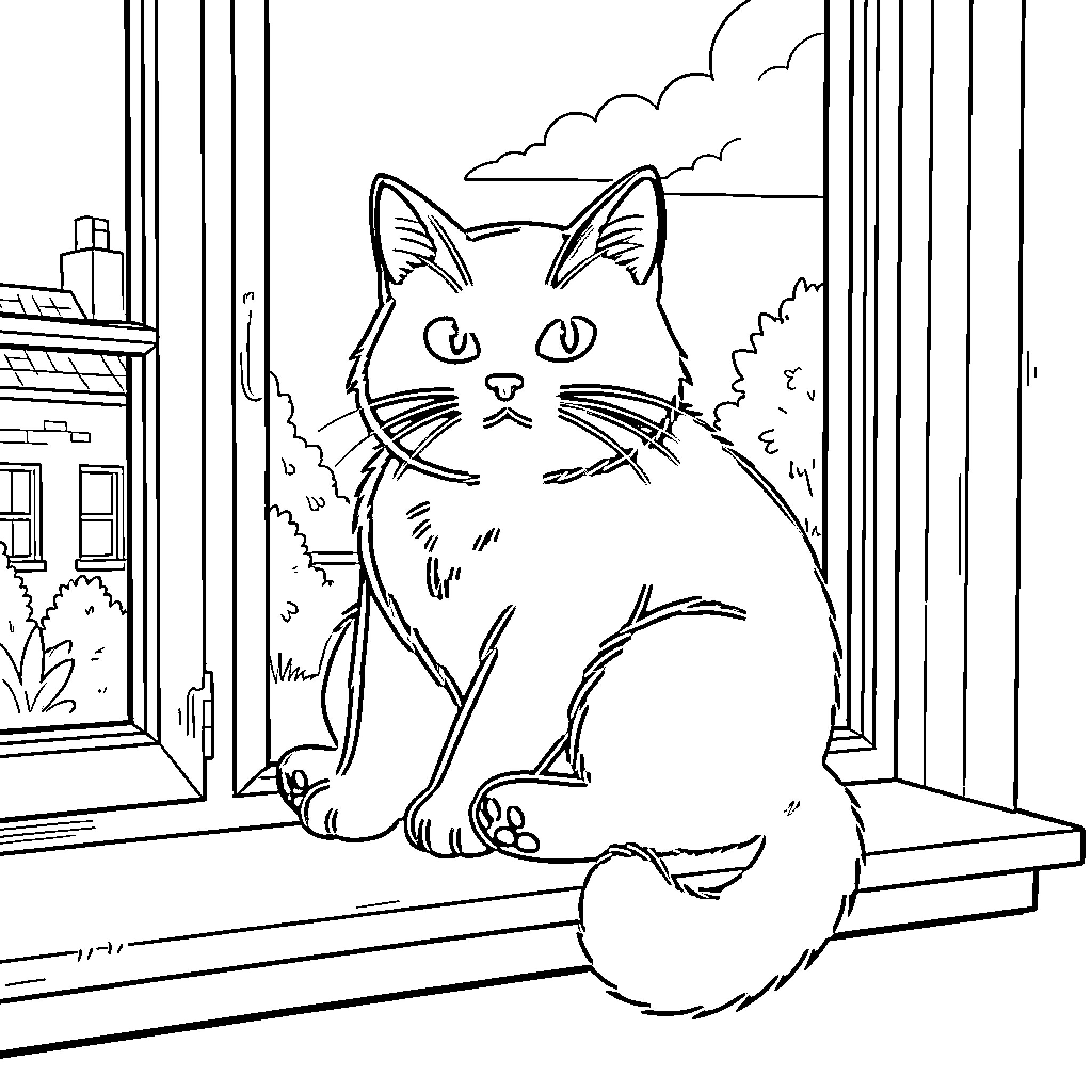 Cat gazing through window at scenic view Coloring Page (free black-and-white line drawing printable PDF for all, from beginners to advanced learners, including children, teens, adults, and seniors)