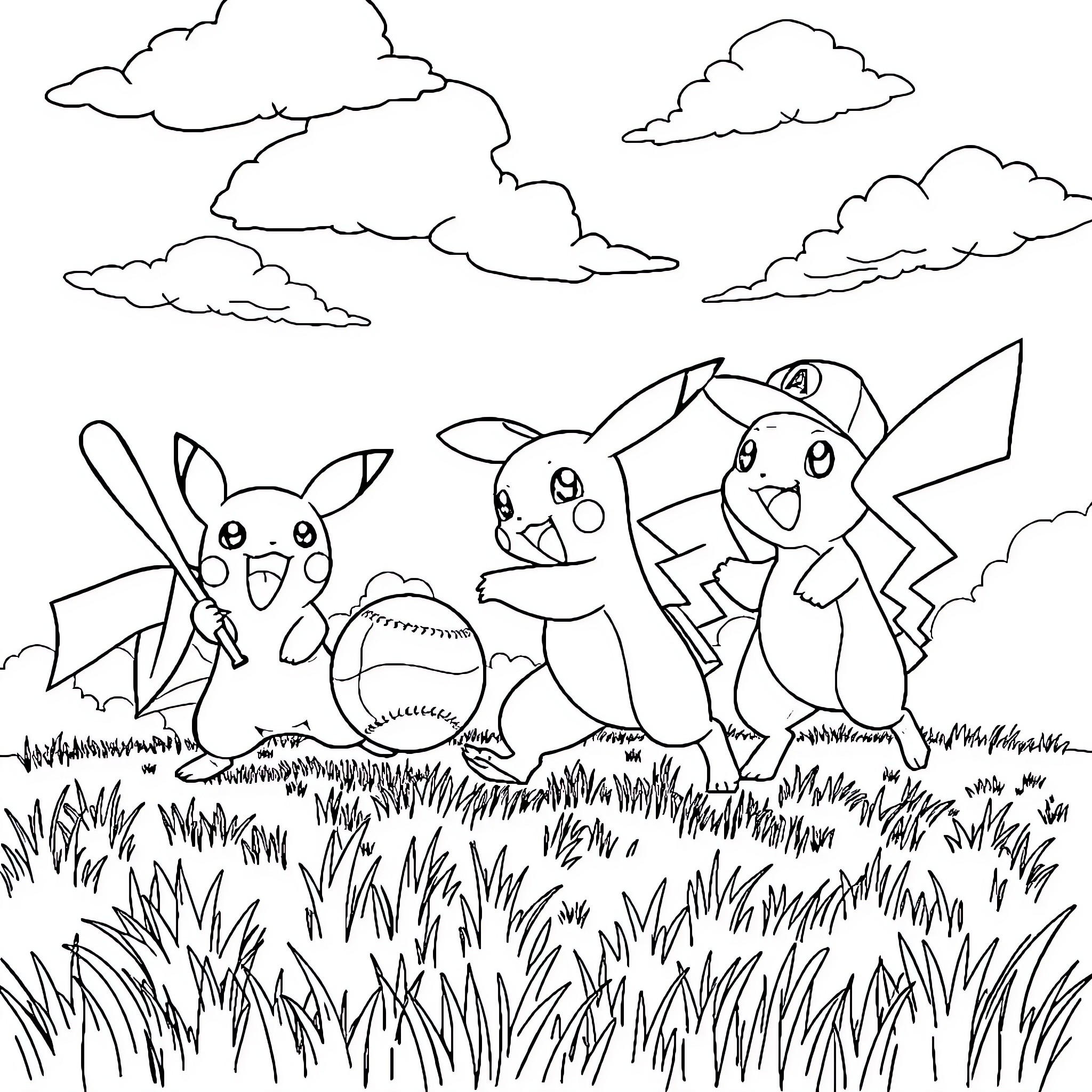 Pokémon characters exploring a grassy field Coloring Page (free black-and-white line drawing printable PDF for all, from beginners to advanced learners, including children, teens, adults, and seniors)
