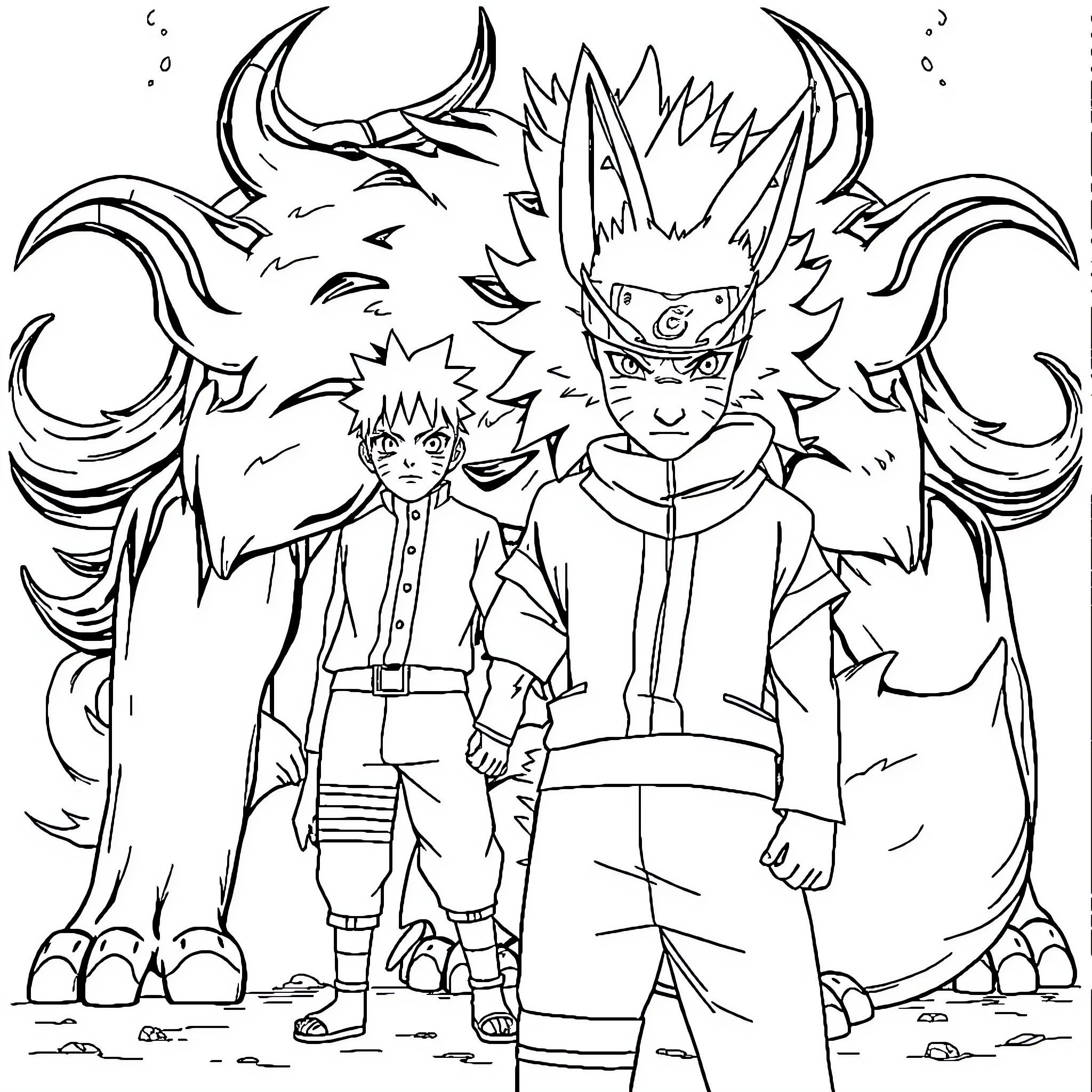 Naruto and friends in epic anime adventure Coloring Page (free black-and-white line drawing printable PDF for all, from beginners to advanced learners, including children, teens, adults, and seniors)