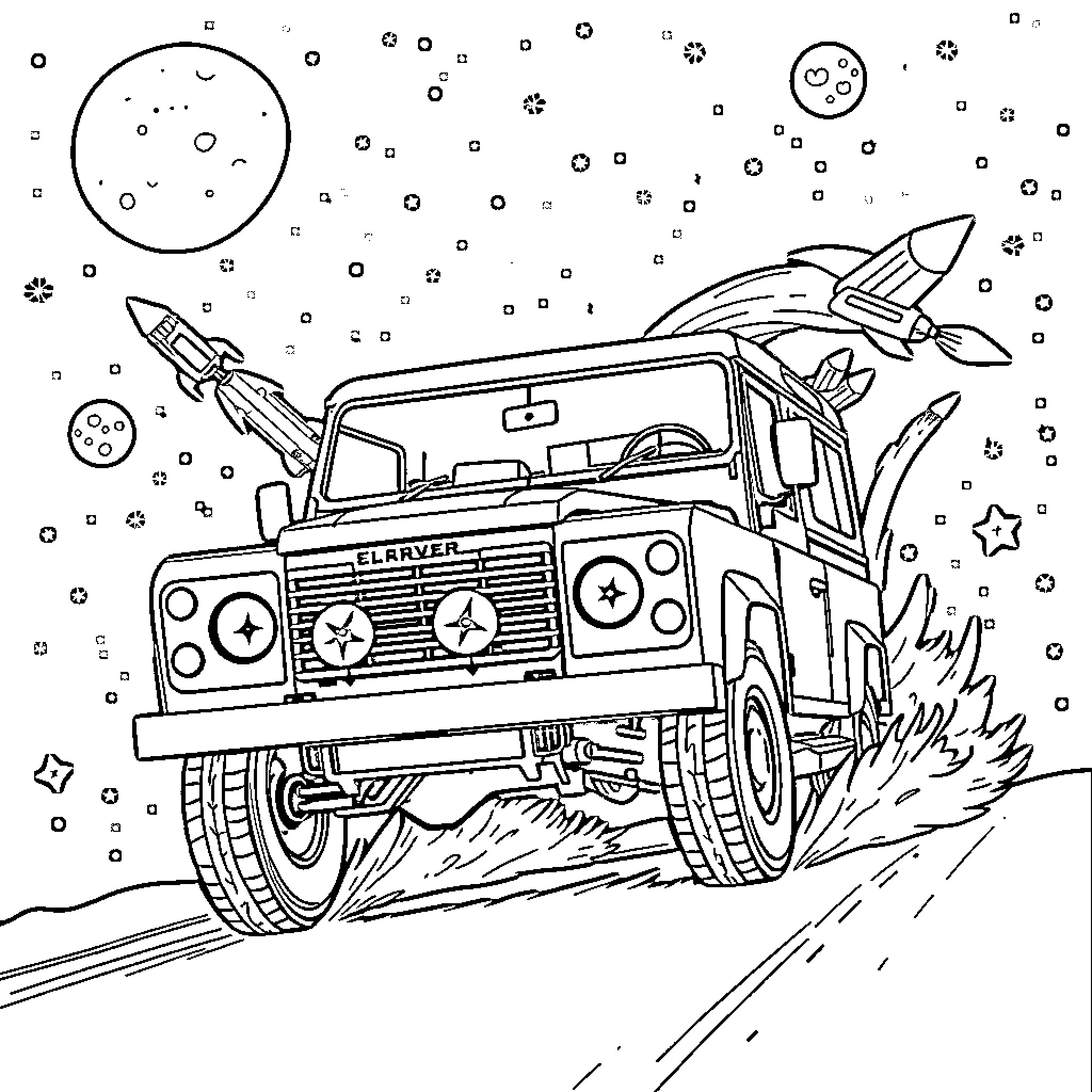 Land Rover off-road adventure through the cosmos Coloring Page (free black-and-white line drawing printable PDF for all, from beginners to advanced learners, including children, teens, adults, and seniors)