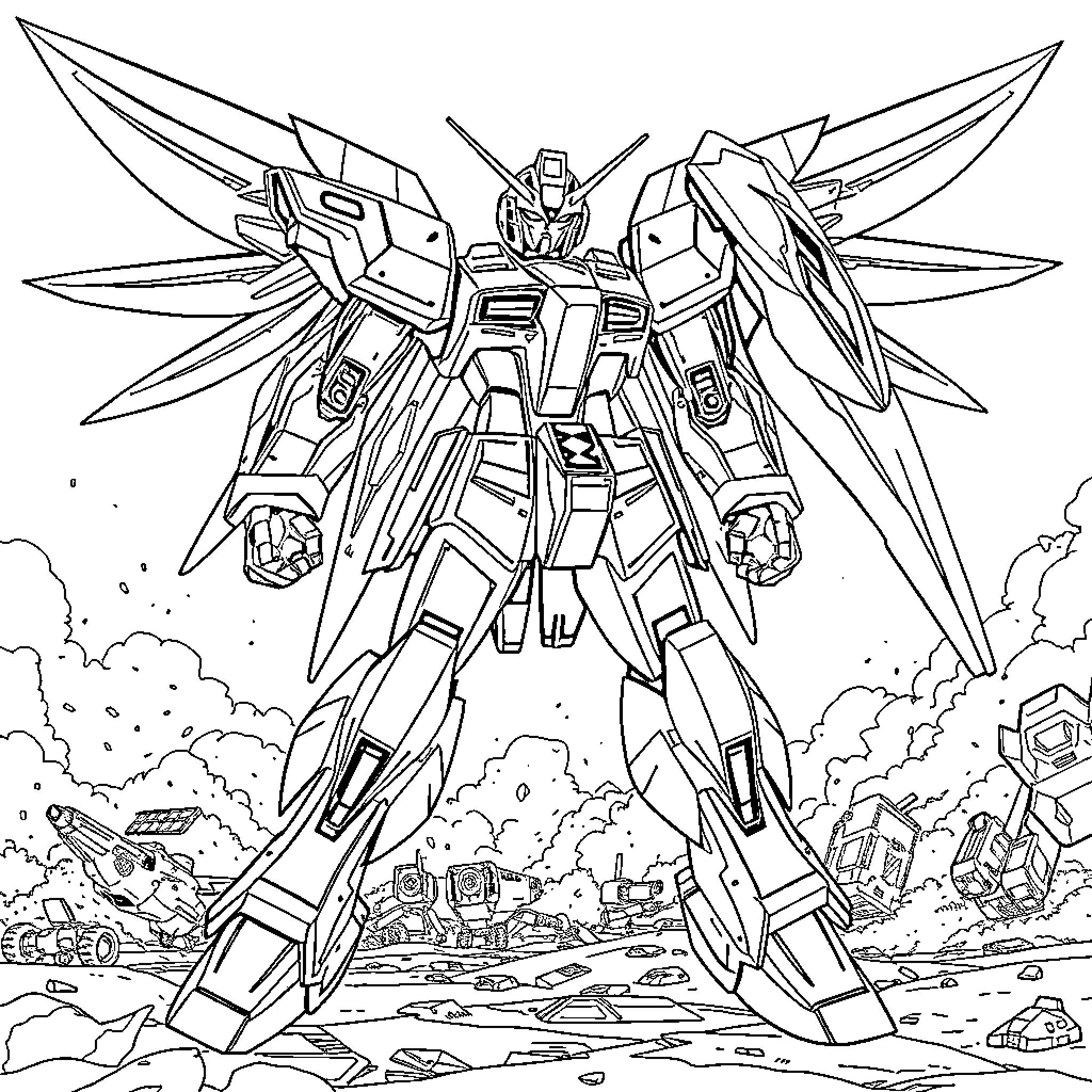 Strike Freedom Gundam in epic battle pose Coloring Page (free black-and-white line drawing printable PDF for all, from beginners to advanced learners, including children, teens, adults, and seniors)