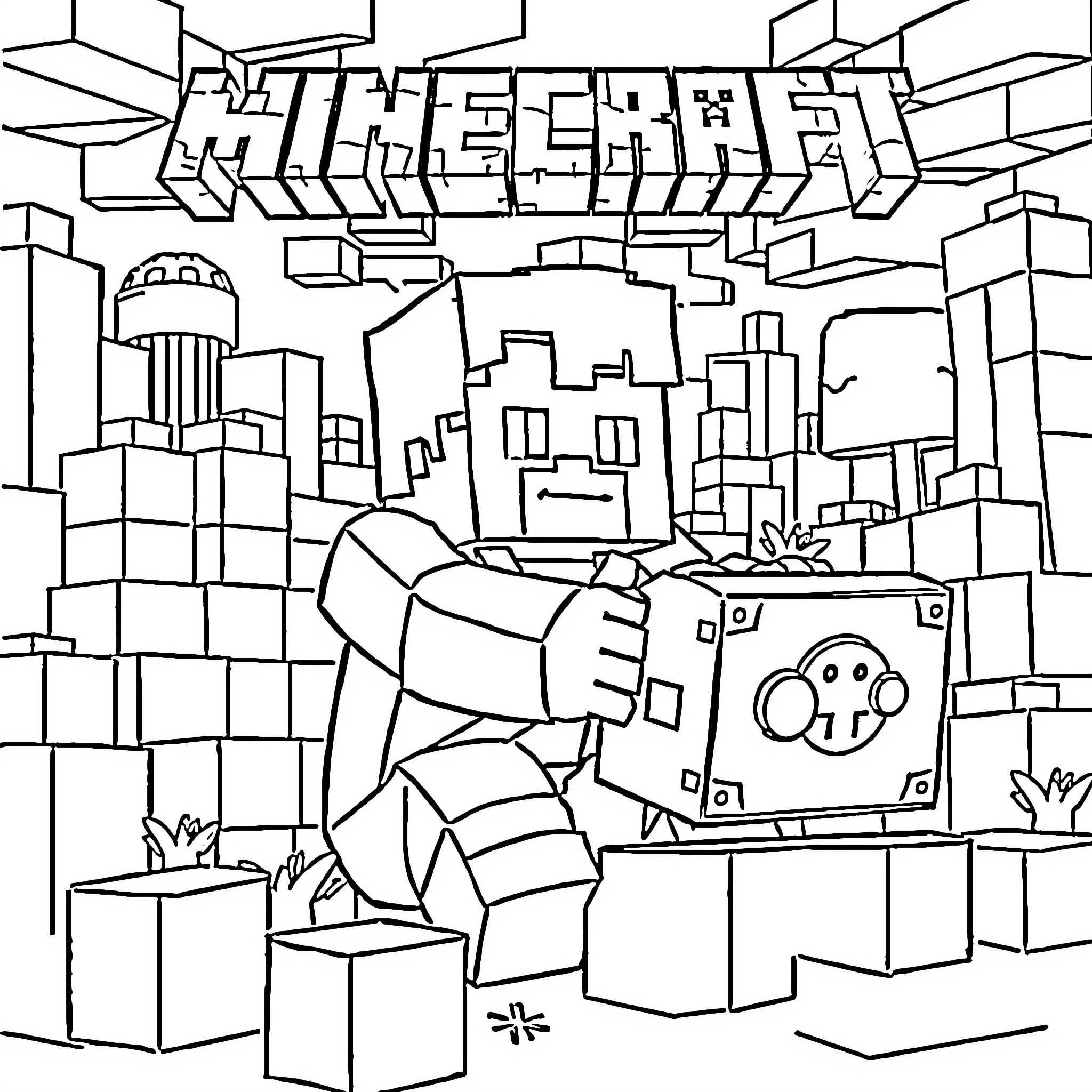 Steve exploring the Minecraft world Coloring Page (free black-and-white line drawing printable PDF for all, from beginners to advanced learners, including children, teens, adults, and seniors)