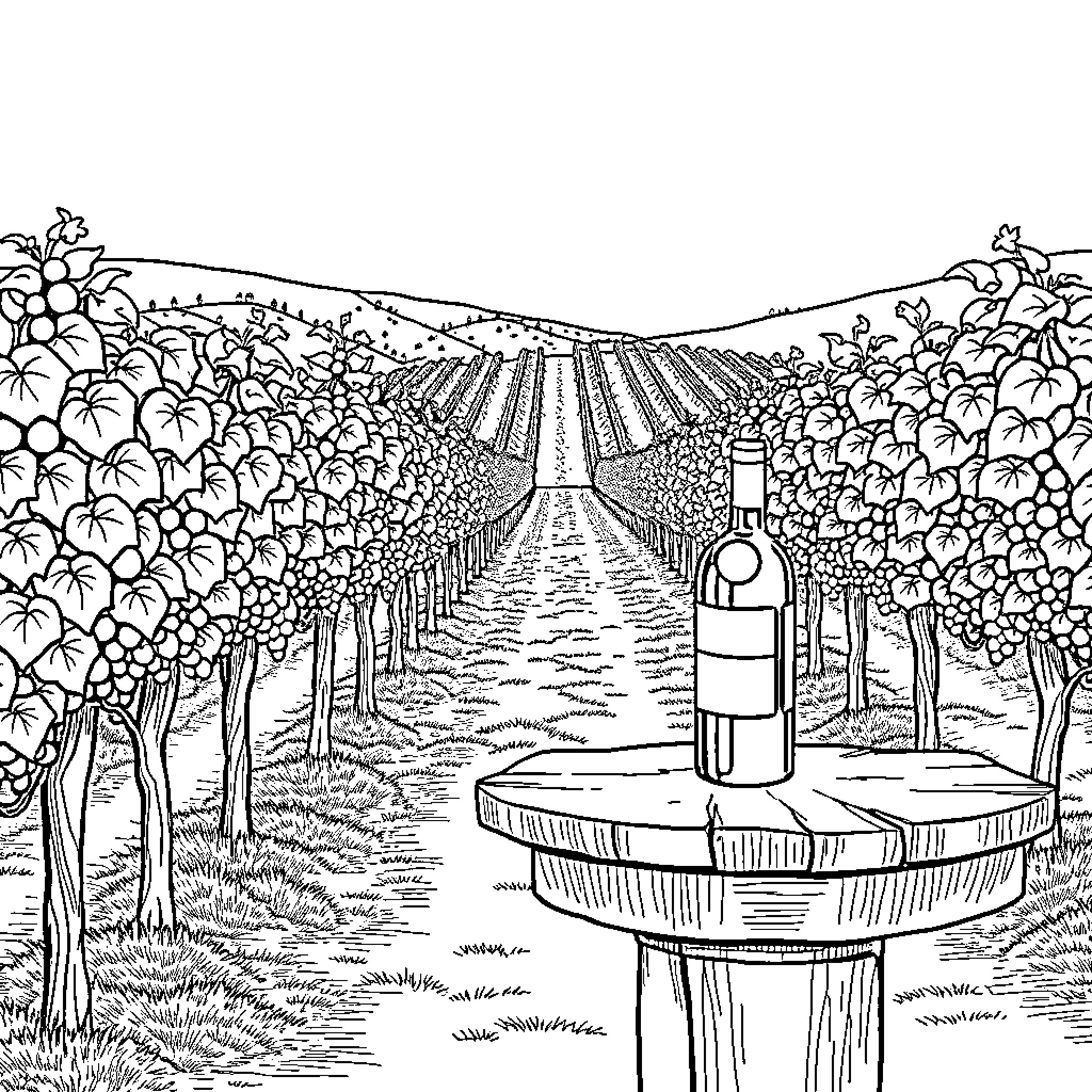 Wine tasting experience in a serene vineyard Coloring Page (free black-and-white line drawing printable PDF for all, from beginners to advanced learners, including children, teens, adults, and seniors)