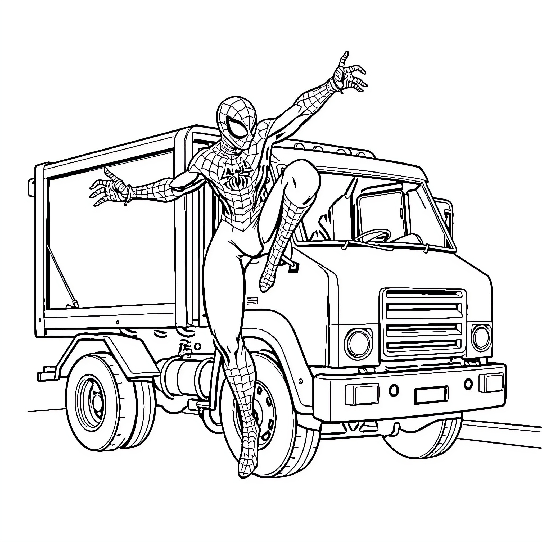 Spider-Man swinging onto a delivery truck Coloring Page (free black-and-white line drawing printable PDF for all, from beginners to advanced learners, including children, teens, adults, and seniors)