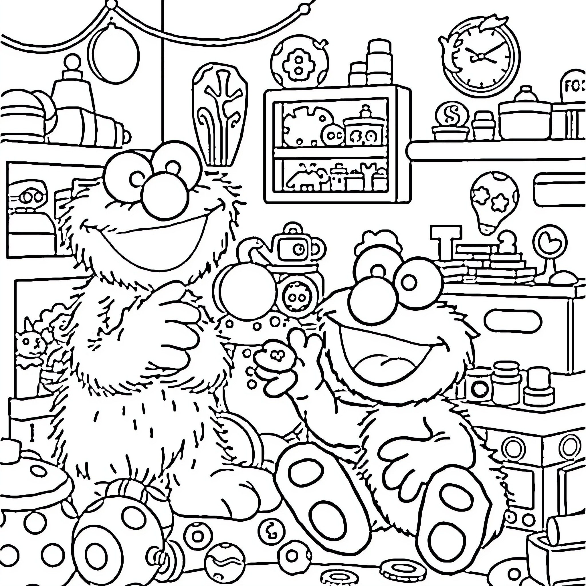 Elmo's Playful Adventure in the Workshop Coloring Page (free black-and-white line drawing printable PDF for all, from beginners to advanced learners, including children, teens, adults, and seniors)