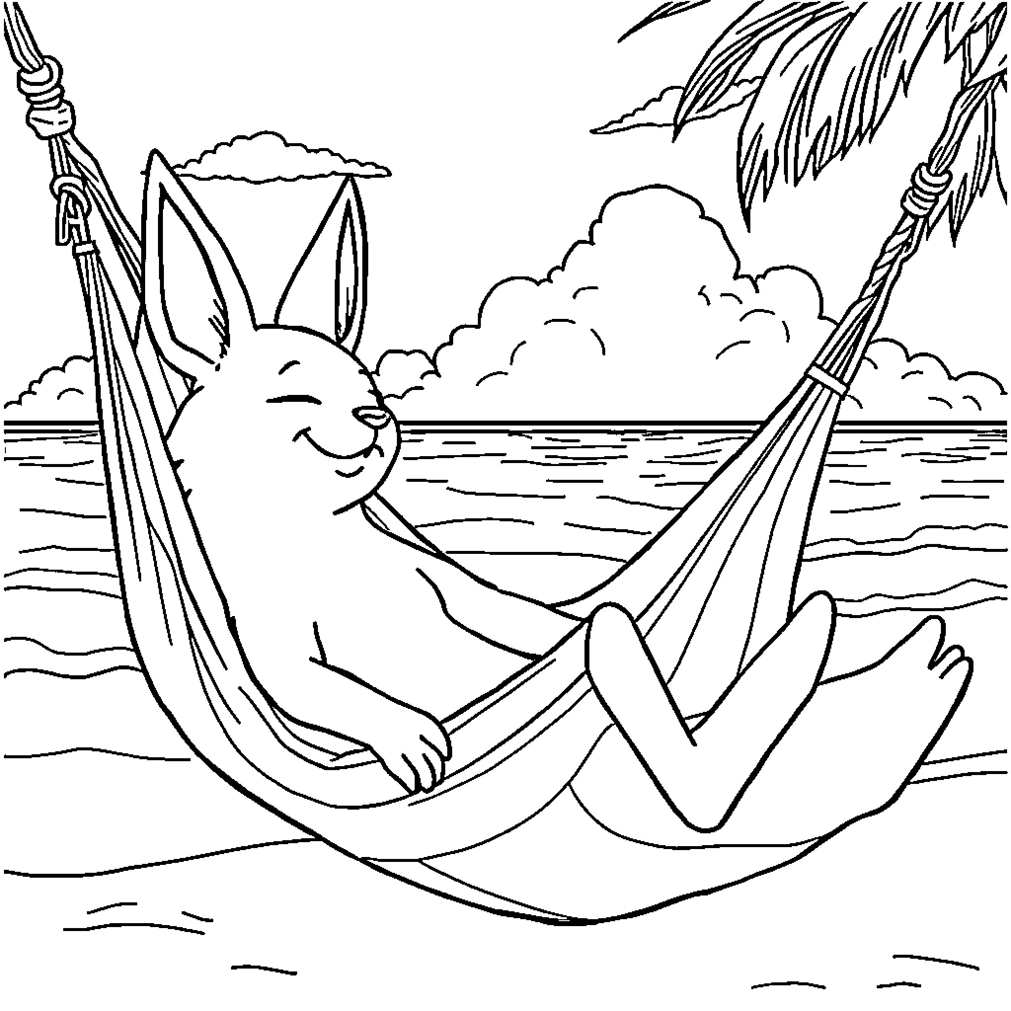 Zangoose relaxing in a hammock by the beach Coloring Page (free black-and-white line drawing printable PDF for all, from beginners to advanced learners, including children, teens, adults, and seniors)