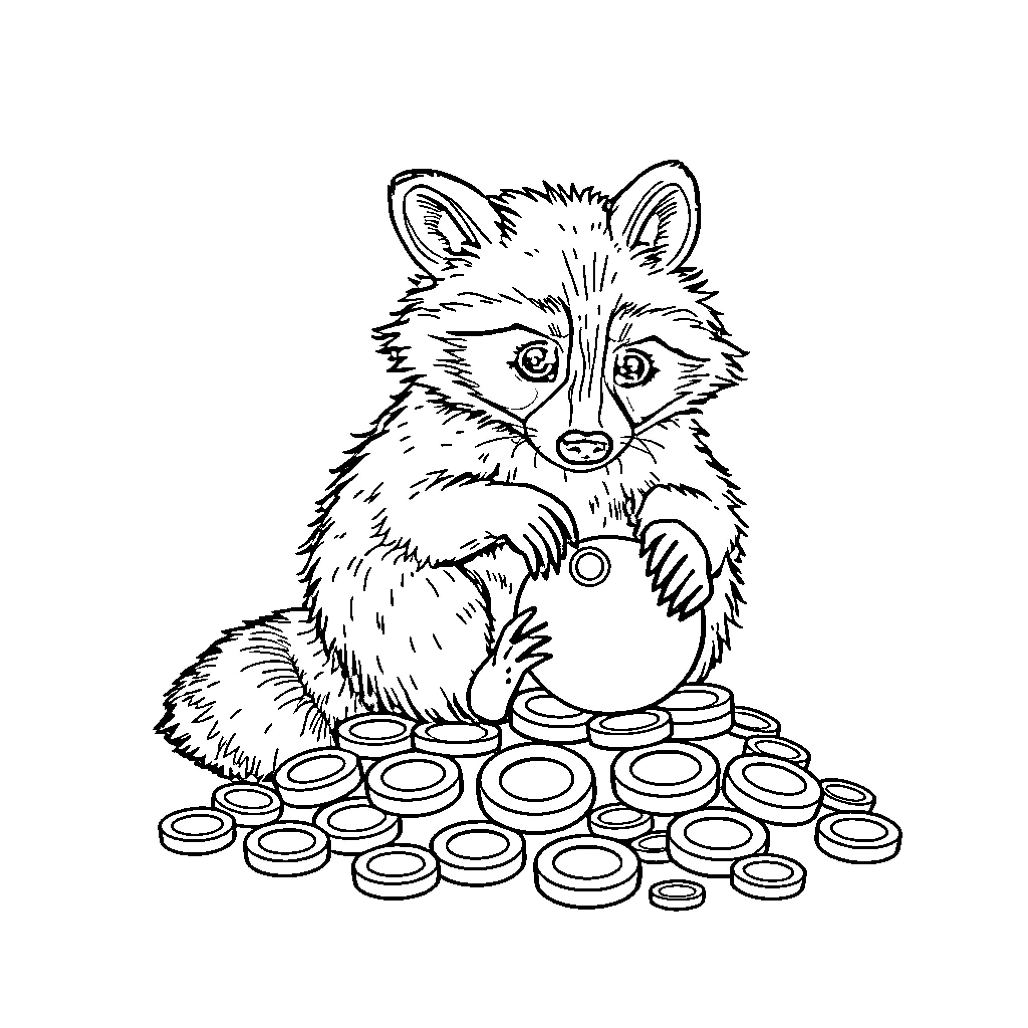 Raccoon examining a collection of objects Coloring Page (free black-and-white line drawing printable PDF for all, from beginners to advanced learners, including children, teens, adults, and seniors)