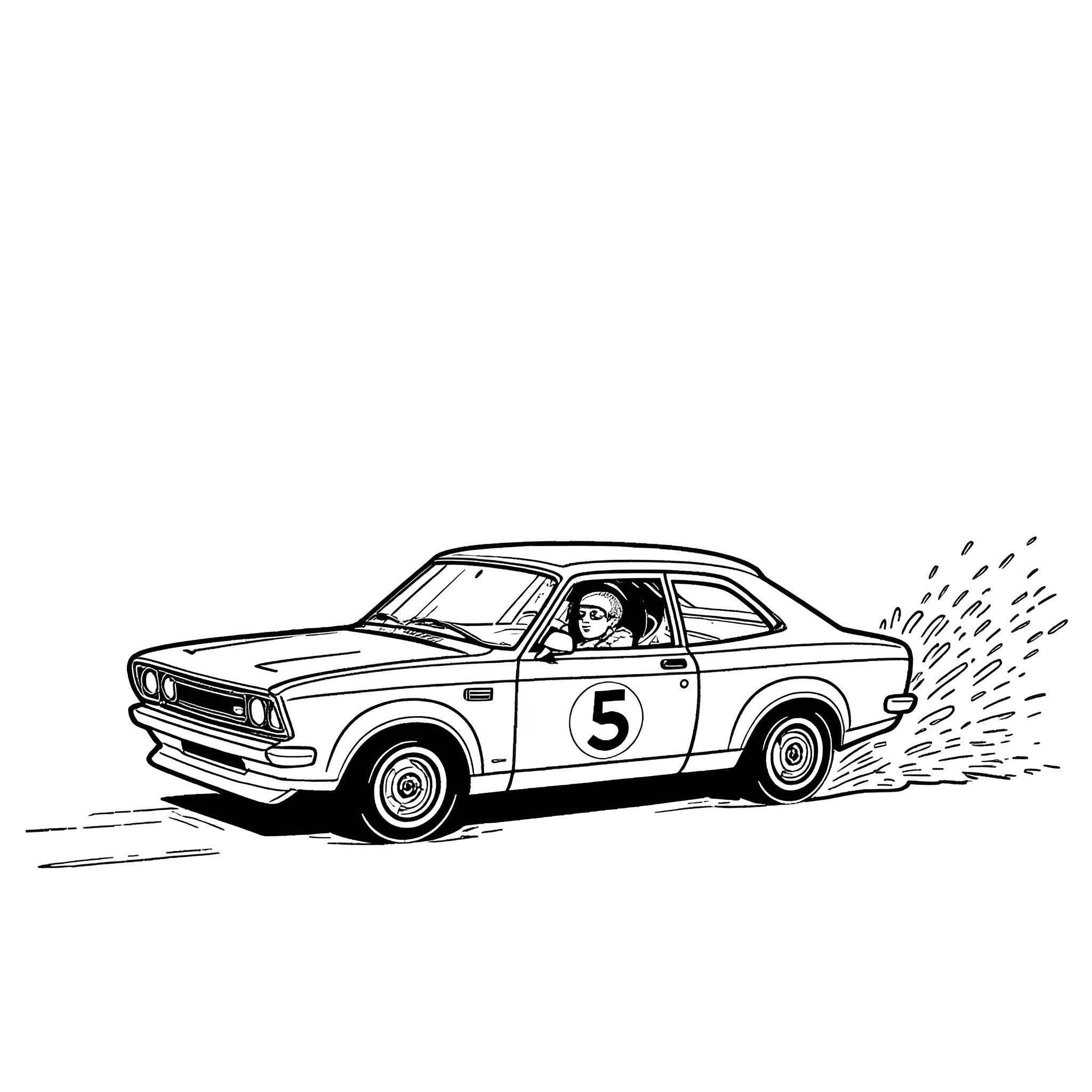 Ford Granada racing car in action Coloring Page (free black-and-white line drawing printable PDF for all, from beginners to advanced learners, including children, teens, adults, and seniors)