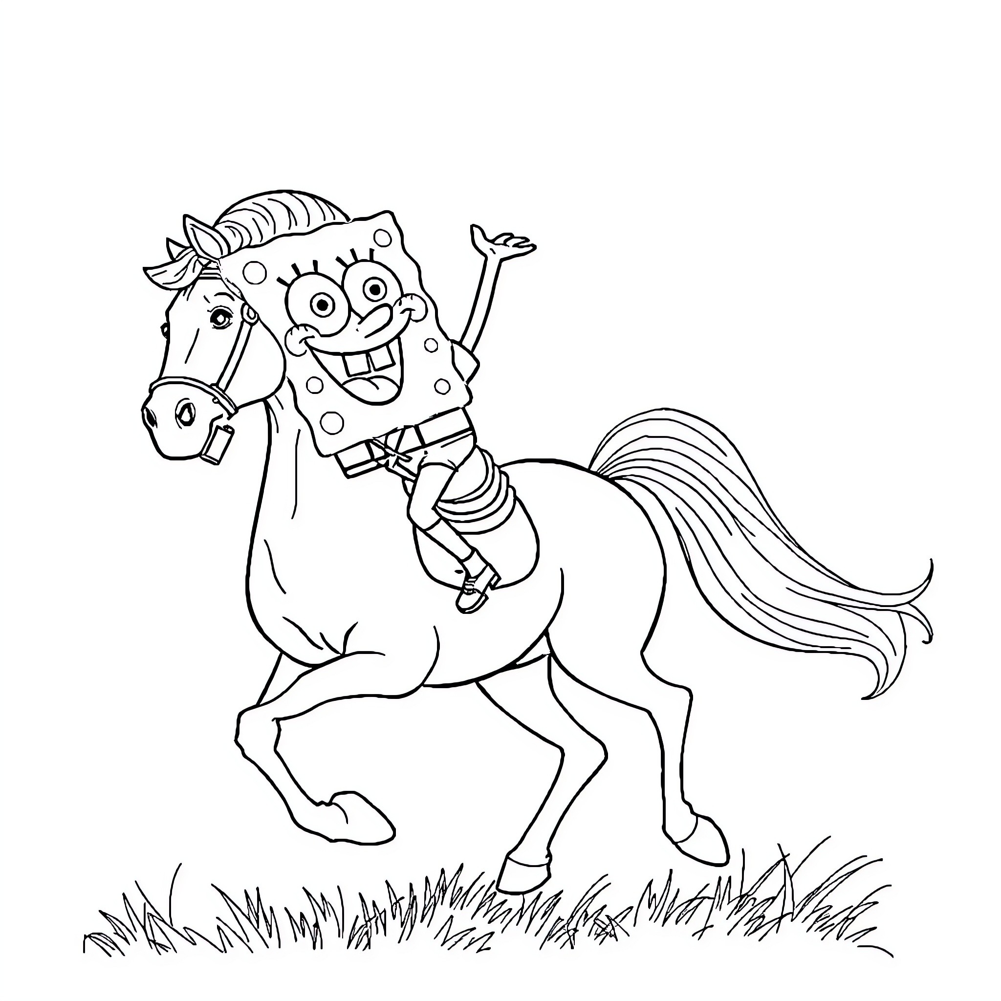 Spongebob riding a happy horse outdoors Coloring Page (free black-and-white line drawing printable PDF for all, from beginners to advanced learners, including children, teens, adults, and seniors)