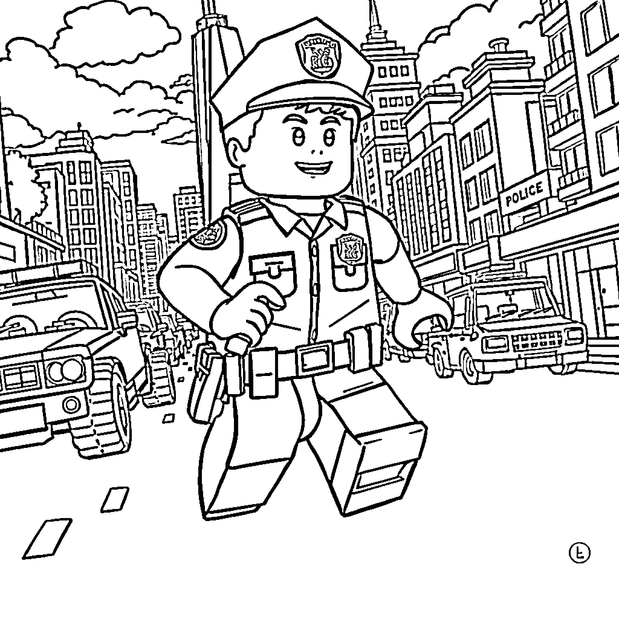Chase McCain police officer in a city scene Coloring Page (free black-and-white line drawing printable PDF for all, from beginners to advanced learners, including children, teens, adults, and seniors)