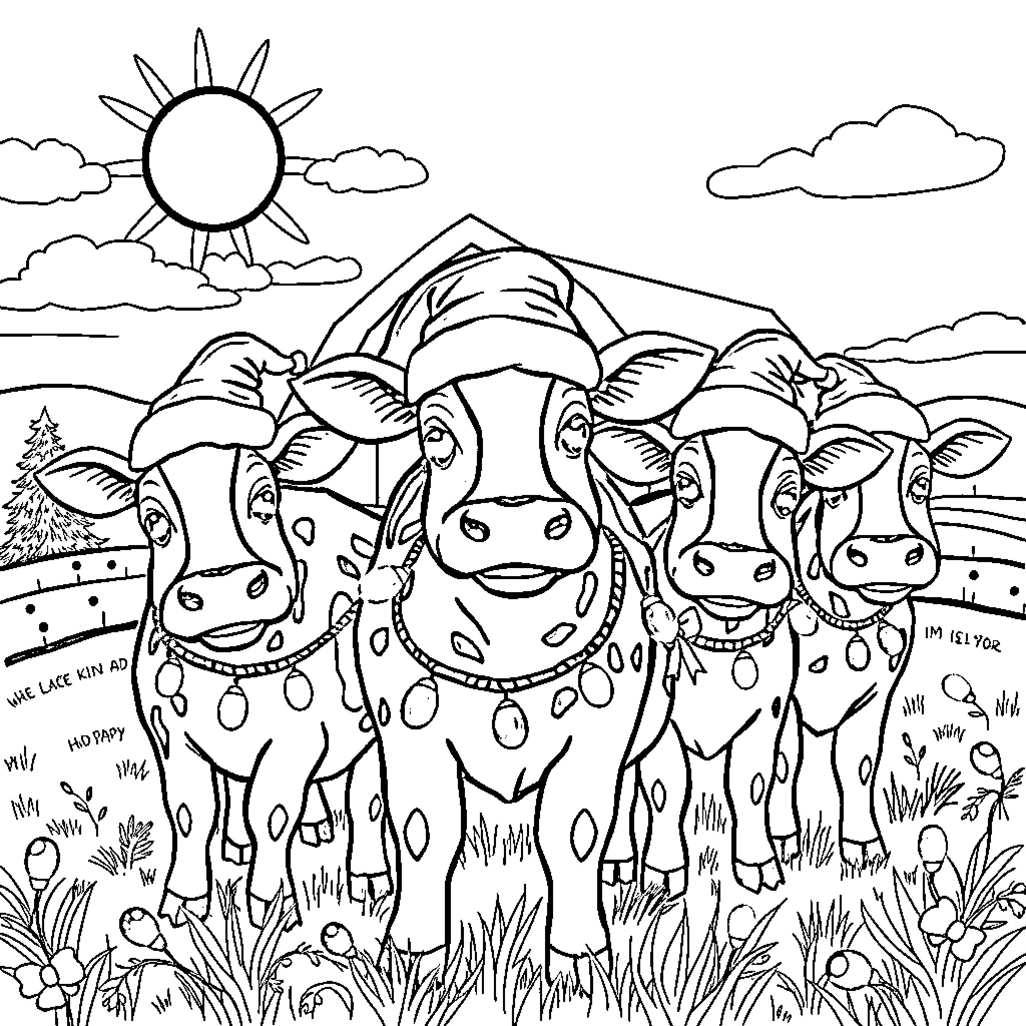 Cows Posing Together in a Pastoral Scene Coloring Page (free black-and-white line drawing printable PDF for all, from beginners to advanced learners, including children, teens, adults, and seniors)