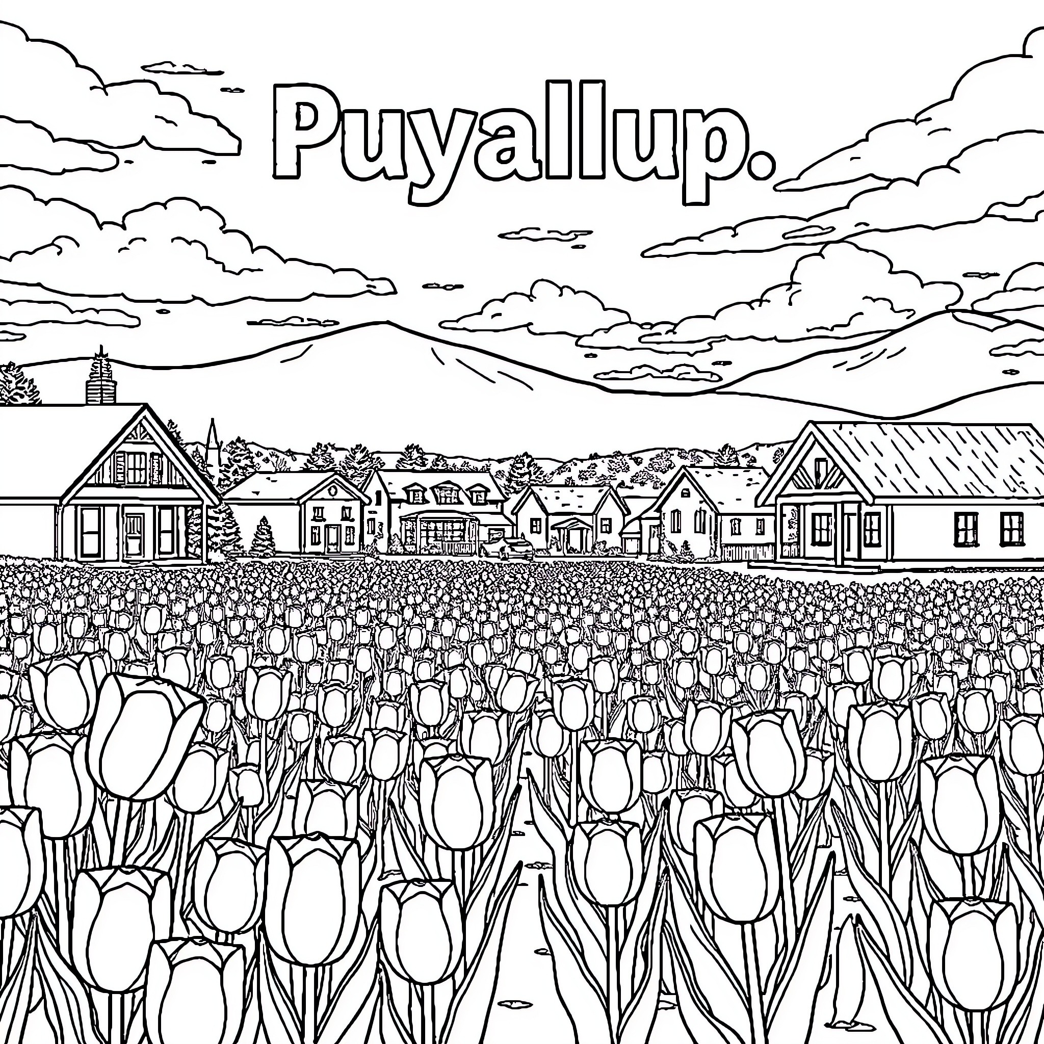 Puyallup: Tulips in Bloom and Quaint Town Coloring Page (free black-and-white line drawing printable PDF for all, from beginners to advanced learners, including children, teens, adults, and seniors)