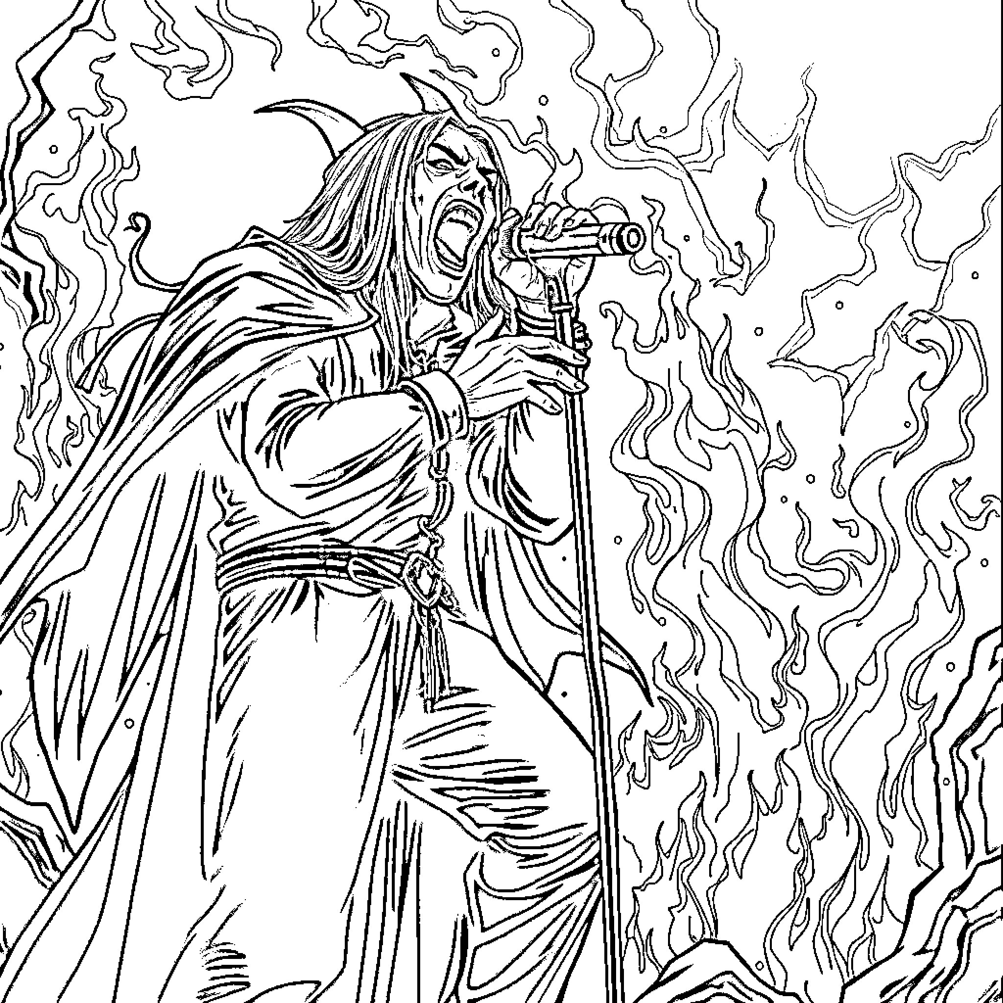 Vocalist performing with intense emotion Coloring Page (free black-and-white line drawing printable PDF for all, from beginners to advanced learners, including children, teens, adults, and seniors)
