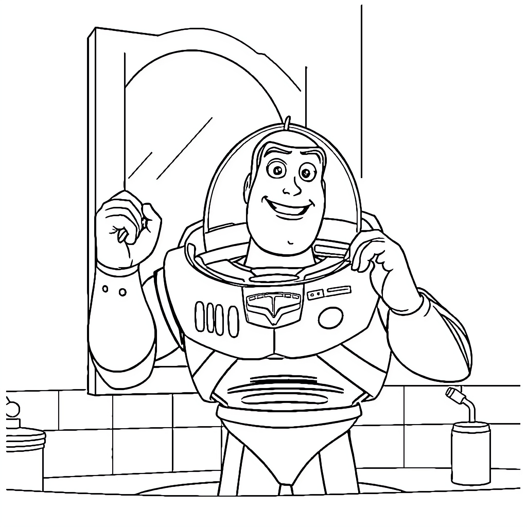 Buzz Lightyear preparing for space adventure Coloring Page (free black-and-white line drawing printable PDF for all, from beginners to advanced learners, including children, teens, adults, and seniors)