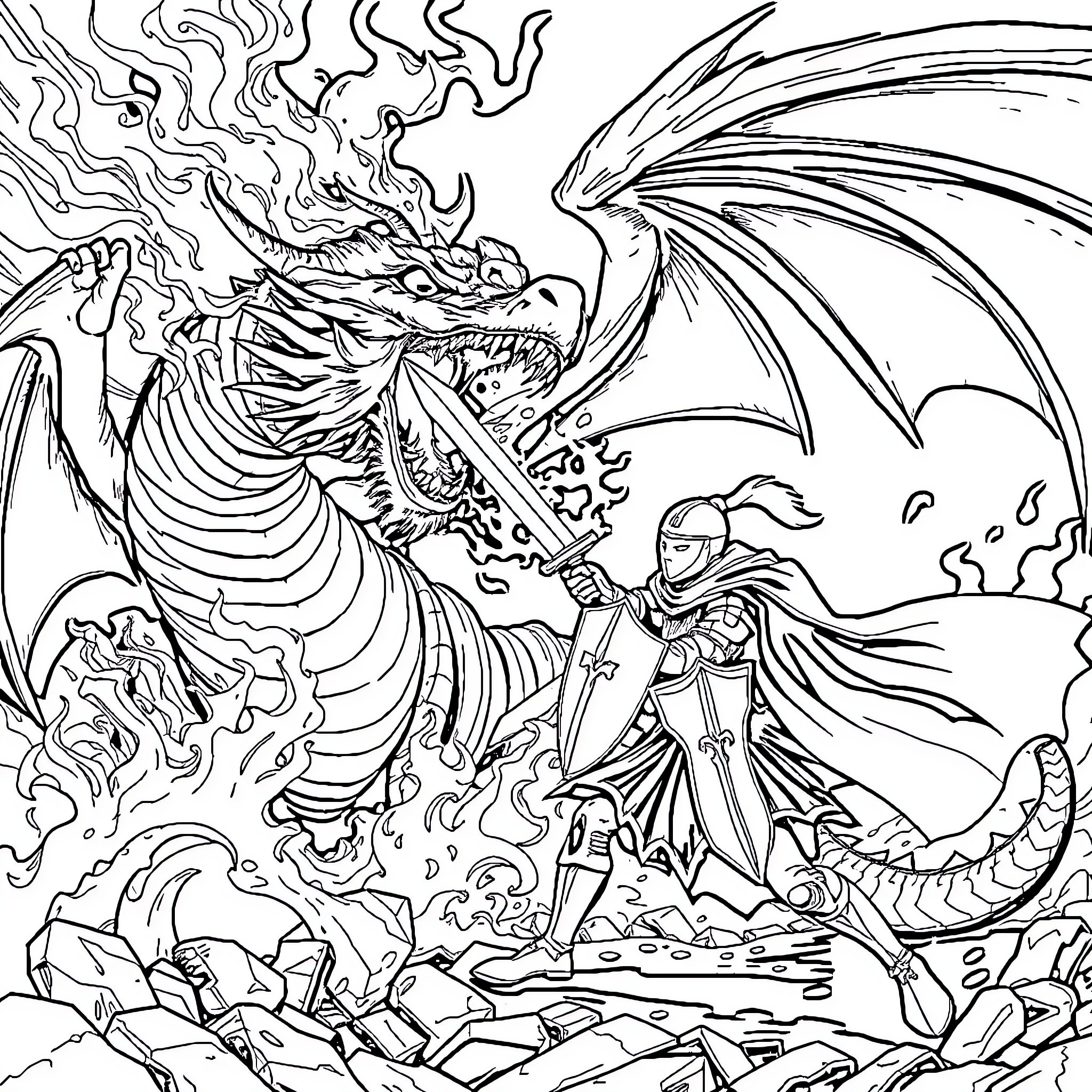 Dragon knight fighting a fearsome dragon Coloring Page (free black-and-white line drawing printable PDF for all, from beginners to advanced learners, including children, teens, adults, and seniors)