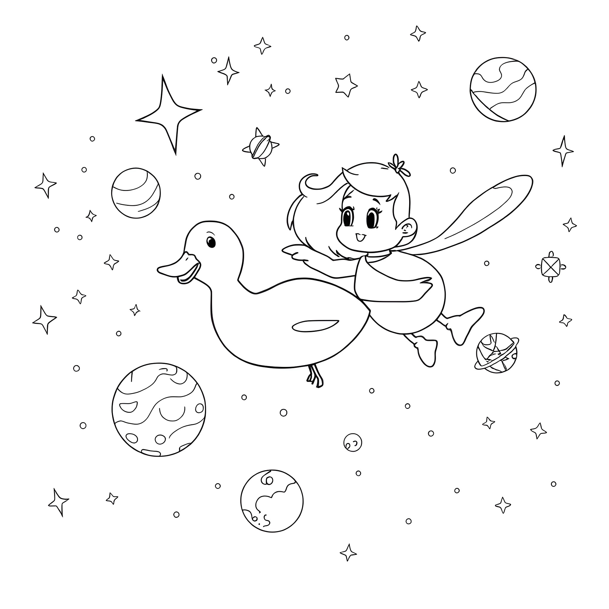Sarah plays happily with ducks in the cosmos Coloring Page (free black-and-white line drawing printable PDF for all, from beginners to advanced learners, including children, teens, adults, and seniors)