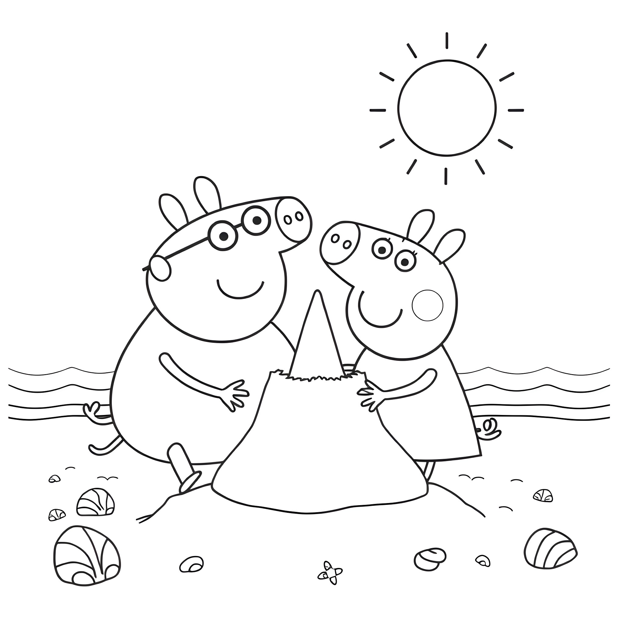 Peppa Pig and George Pig playing on the beach Coloring Page (free black-and-white line drawing printable PDF for all, from beginners to advanced learners, including children, teens, adults, and seniors)